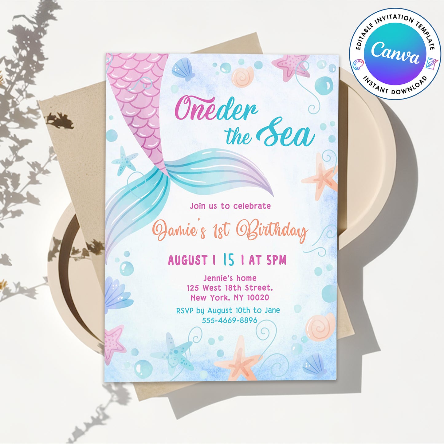 Mermaid Pink Purple Oneder The Sea Birthday Invitation