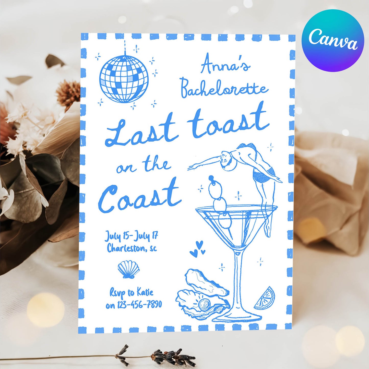 Blue Last Toast On The Coast Bachelorette Party Invitation