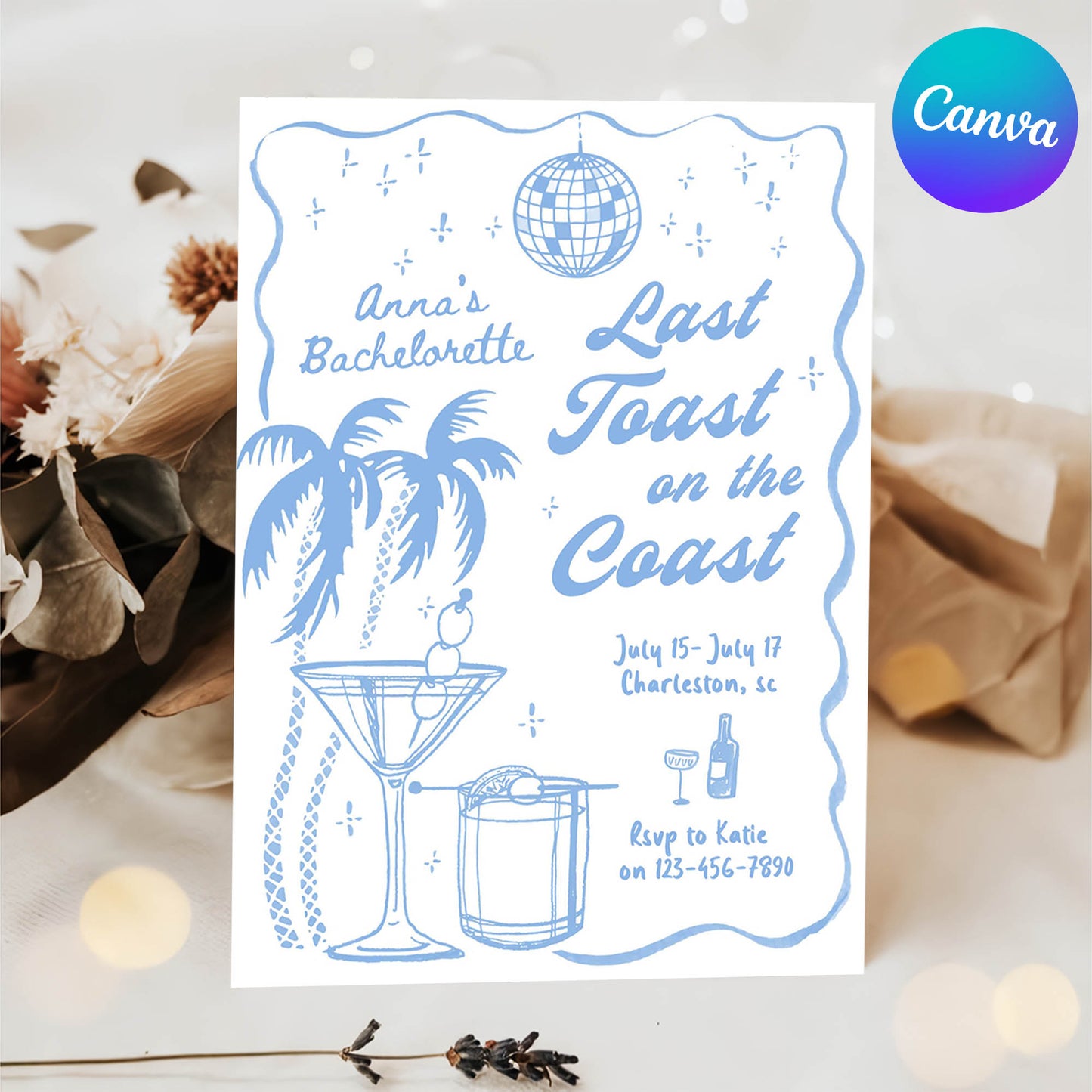 Editable Last Toast On The Coast Bachelorette Party Invitation