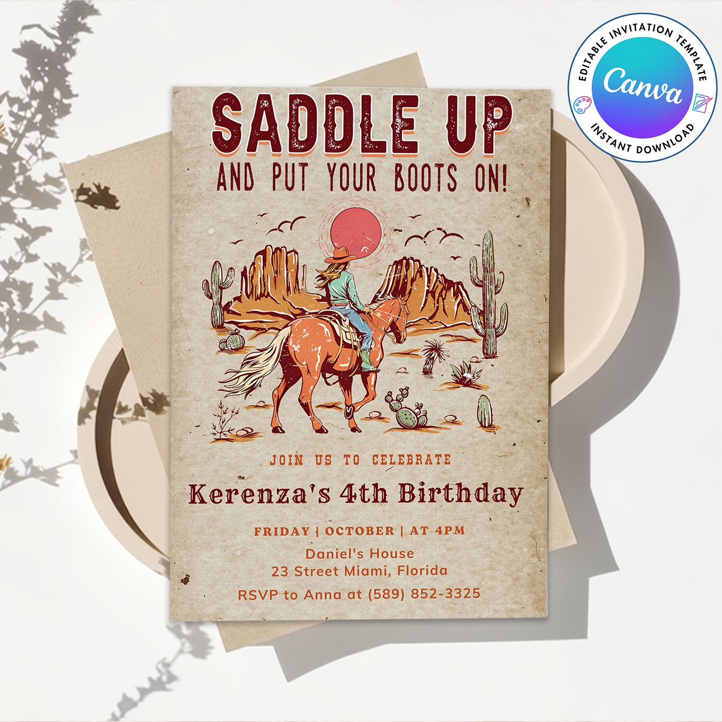 Western Saddle Up Cow Girl Birthday Invitation