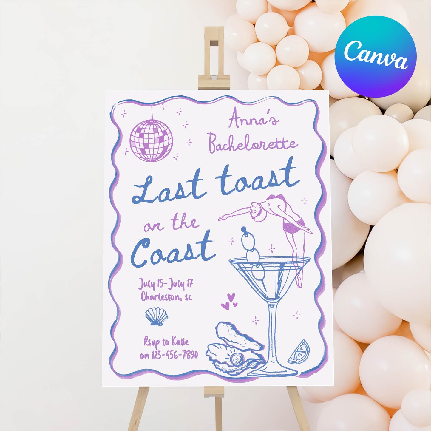 Purple Coastal Bachelorette Party Welcome Sign Template