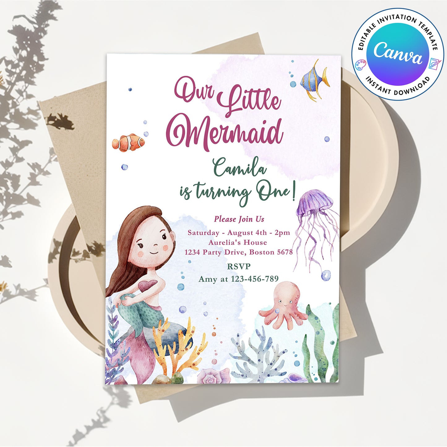 Mermaid 1st Birthday Under The Sea Mermaid Party Invitation