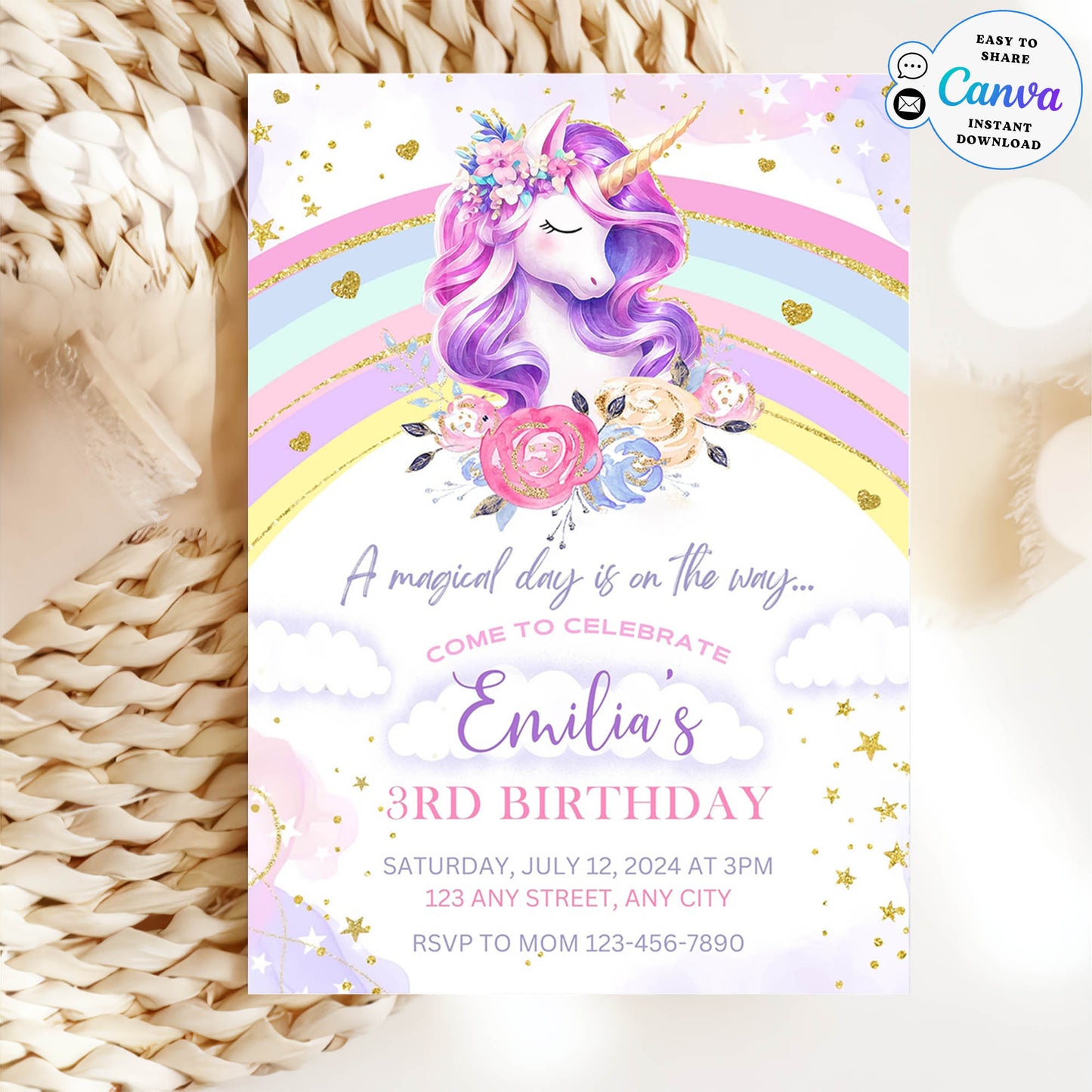 Happy 3rd Birthday Rainbow Glitter Invitation