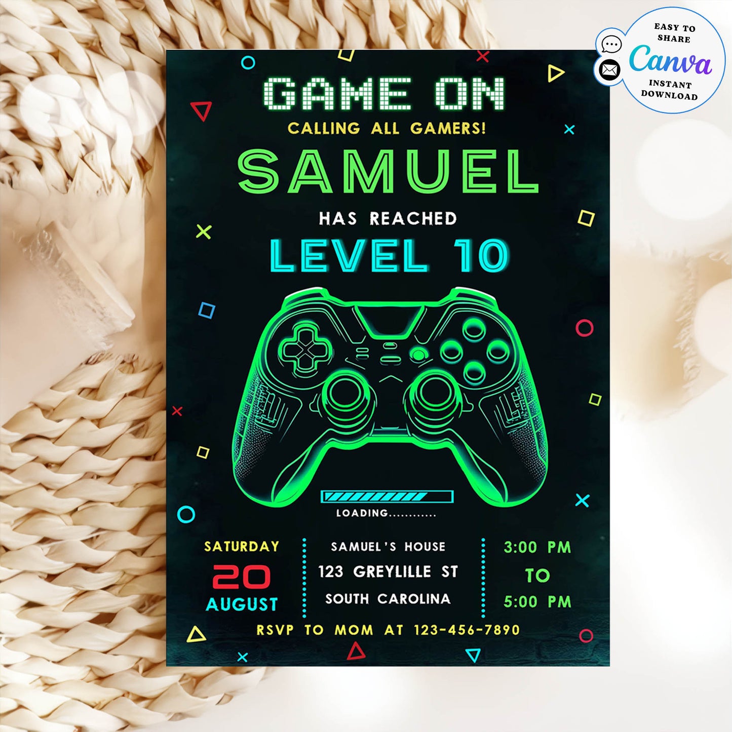 Neon Game On Level Up Gaming Birthday Party Invites