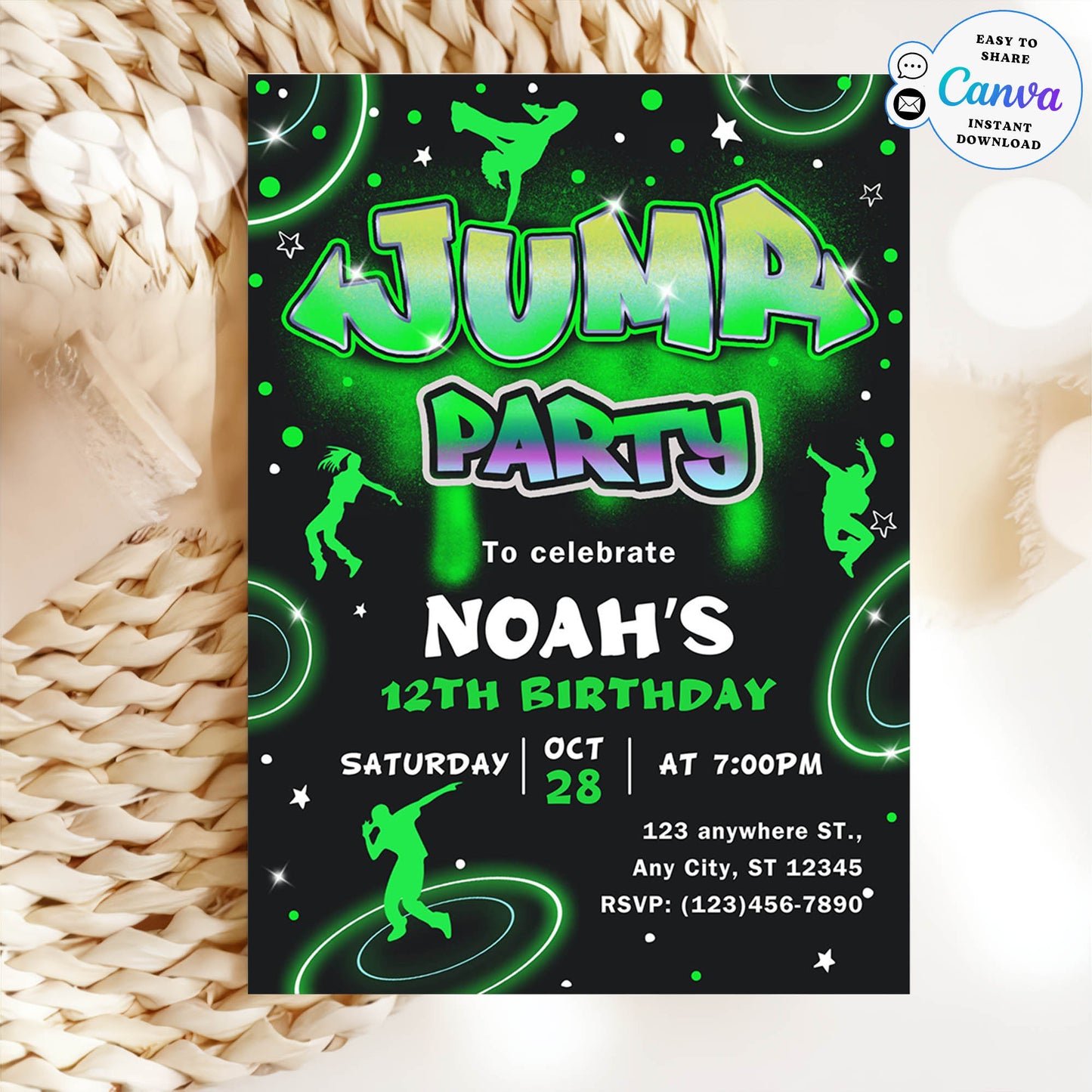 Neon Jump 12th Birthday Party  Invitation