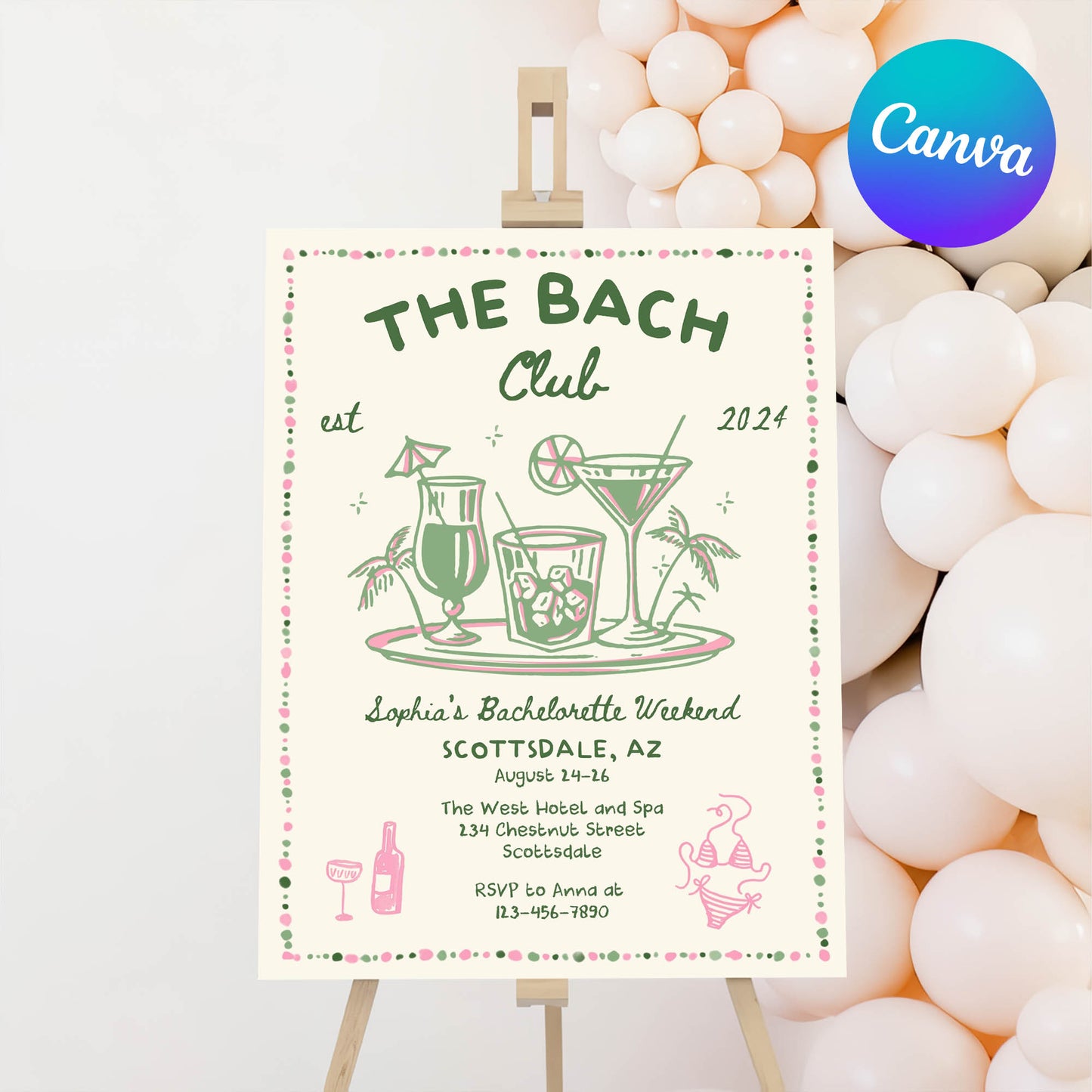 The Bach Social Club Sign Editable Canva Template