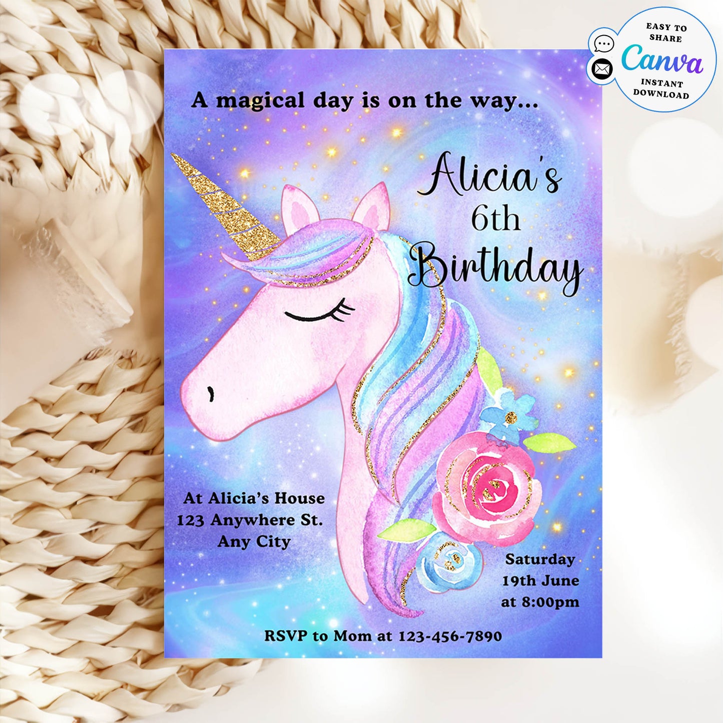 6th Birthday Party Invitation Unicorn Template