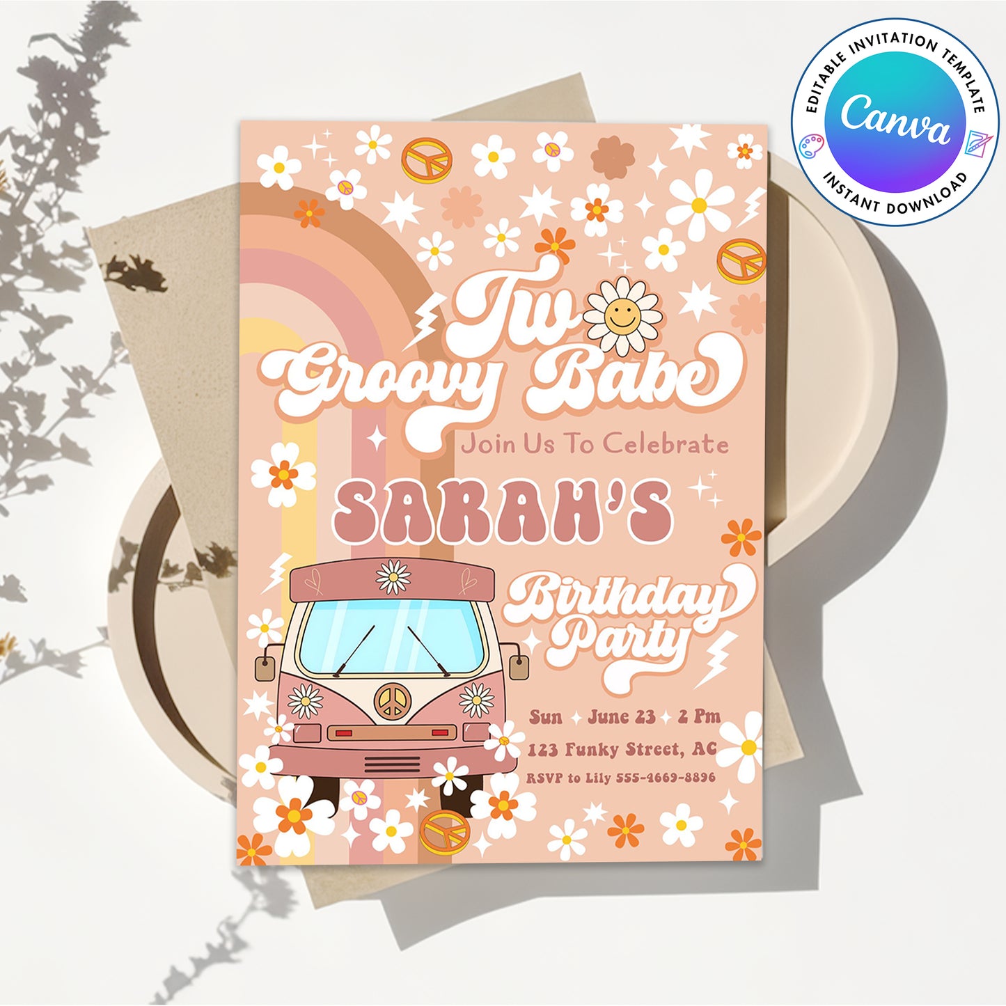 Two Groovy Babe Birthday Party Invitation