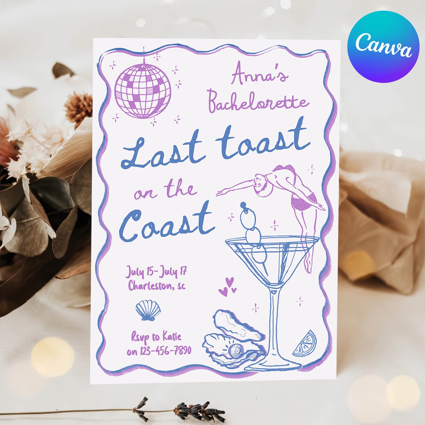 Purple Coastal Bachelorette Invitation and Itinerary Template