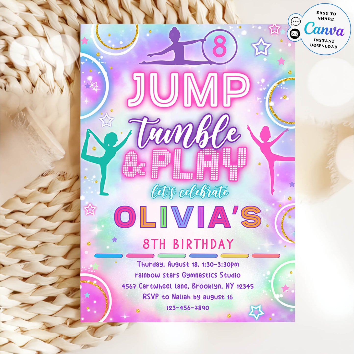 Editable Jump Tumble & Play gymnastics Birthday Invitation