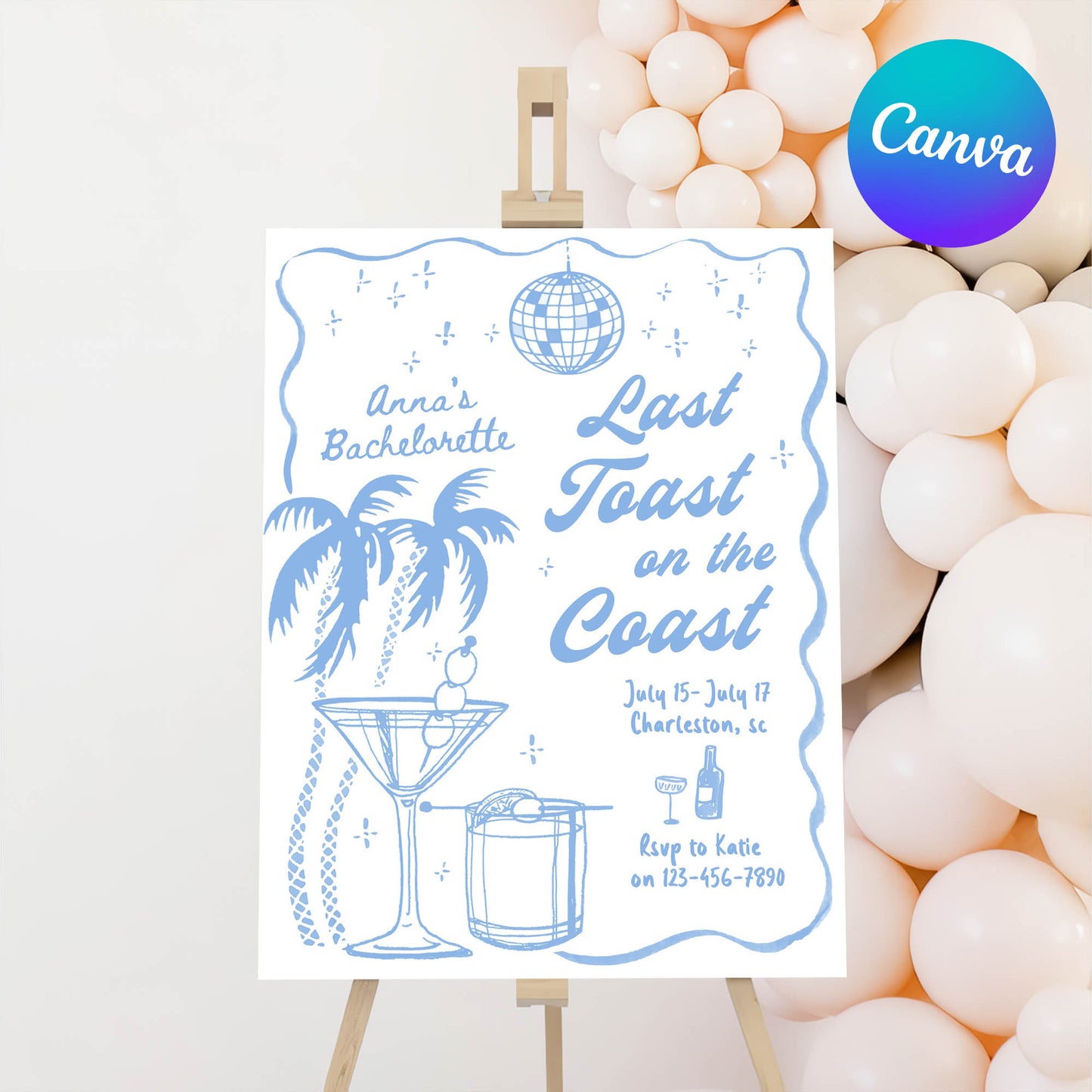 Editable Last Toast On The Coast Bachelorette Party Welcome Sign