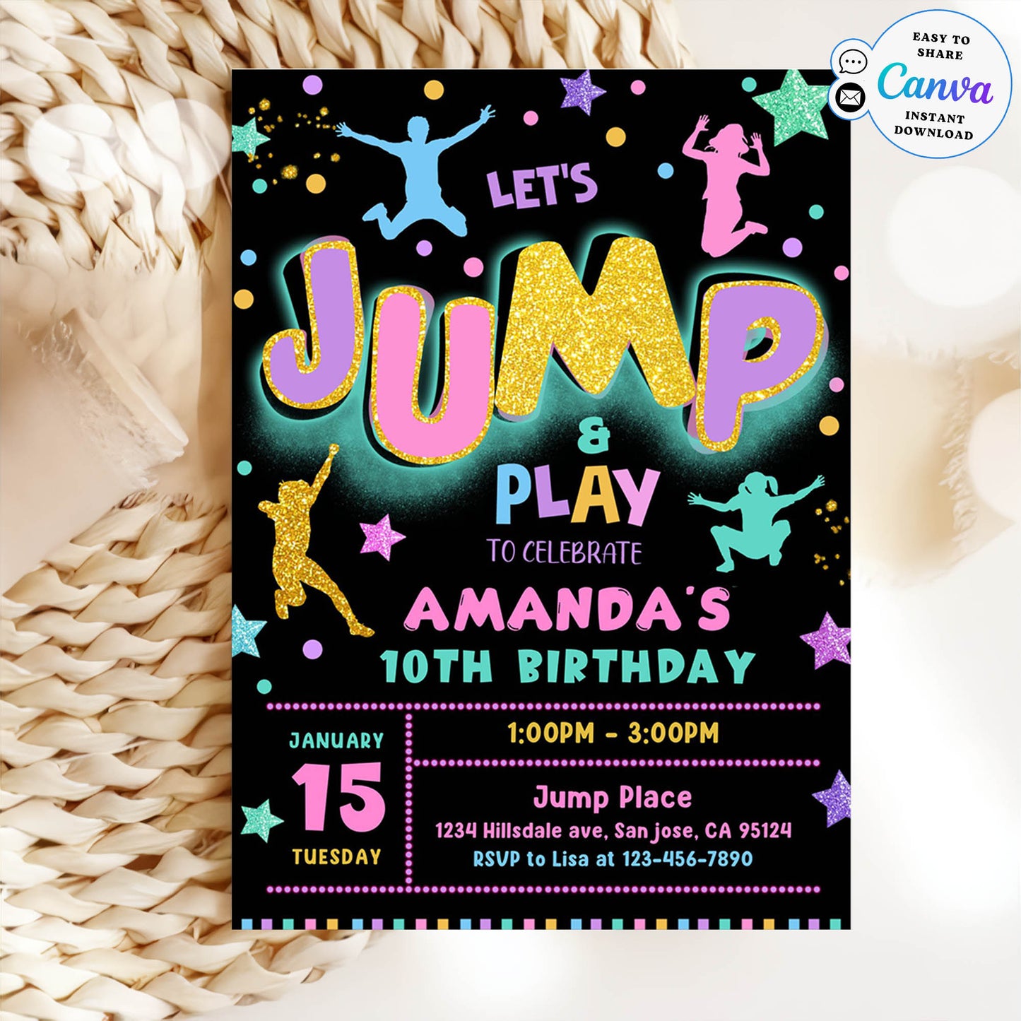 Let's Jump and Play 10th Birthday Invitation