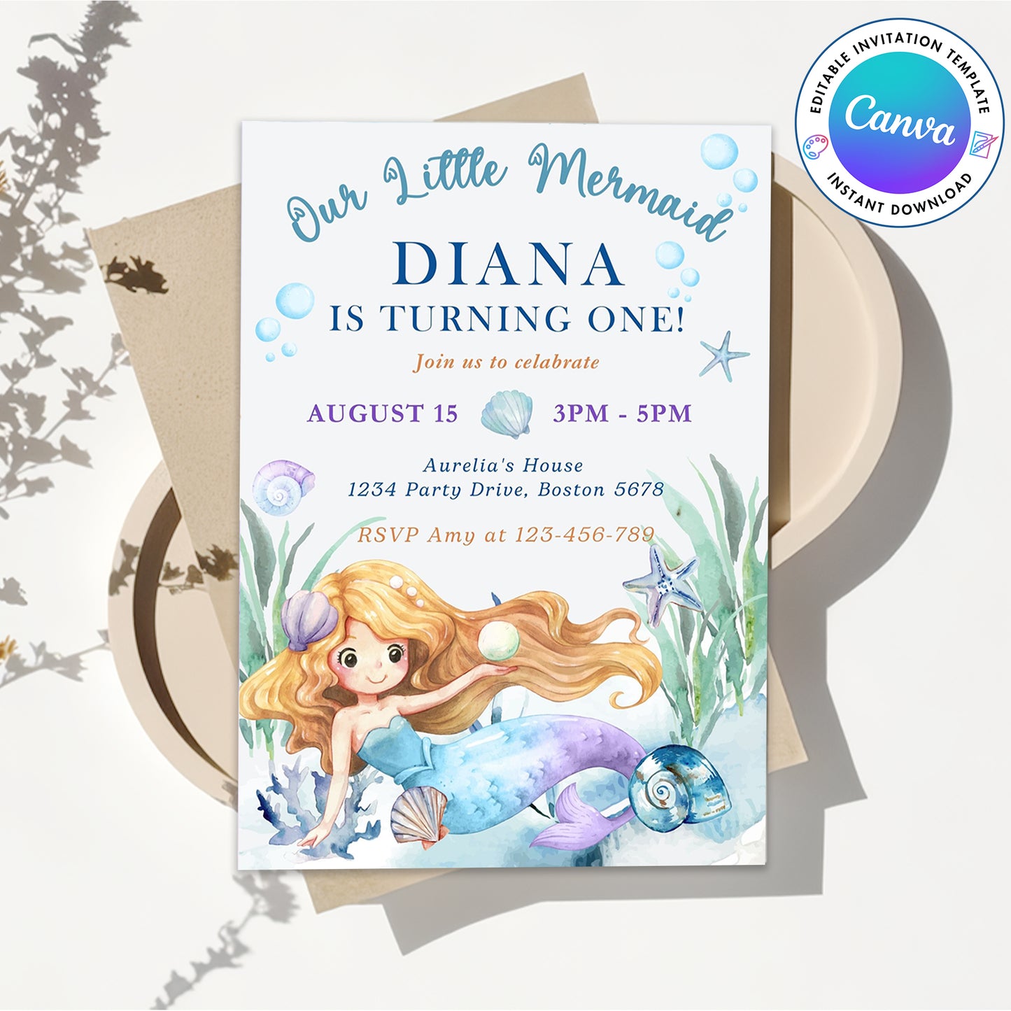 Oneder the Sea Mermaid Watercolor 1st Birthday Invitation