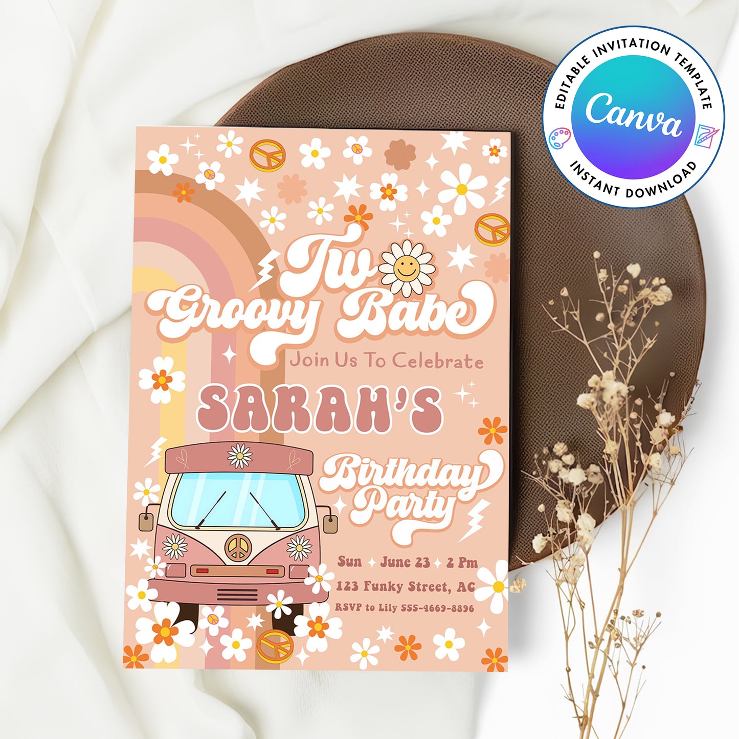 Two Groovy Babe Birthday Party Invitation