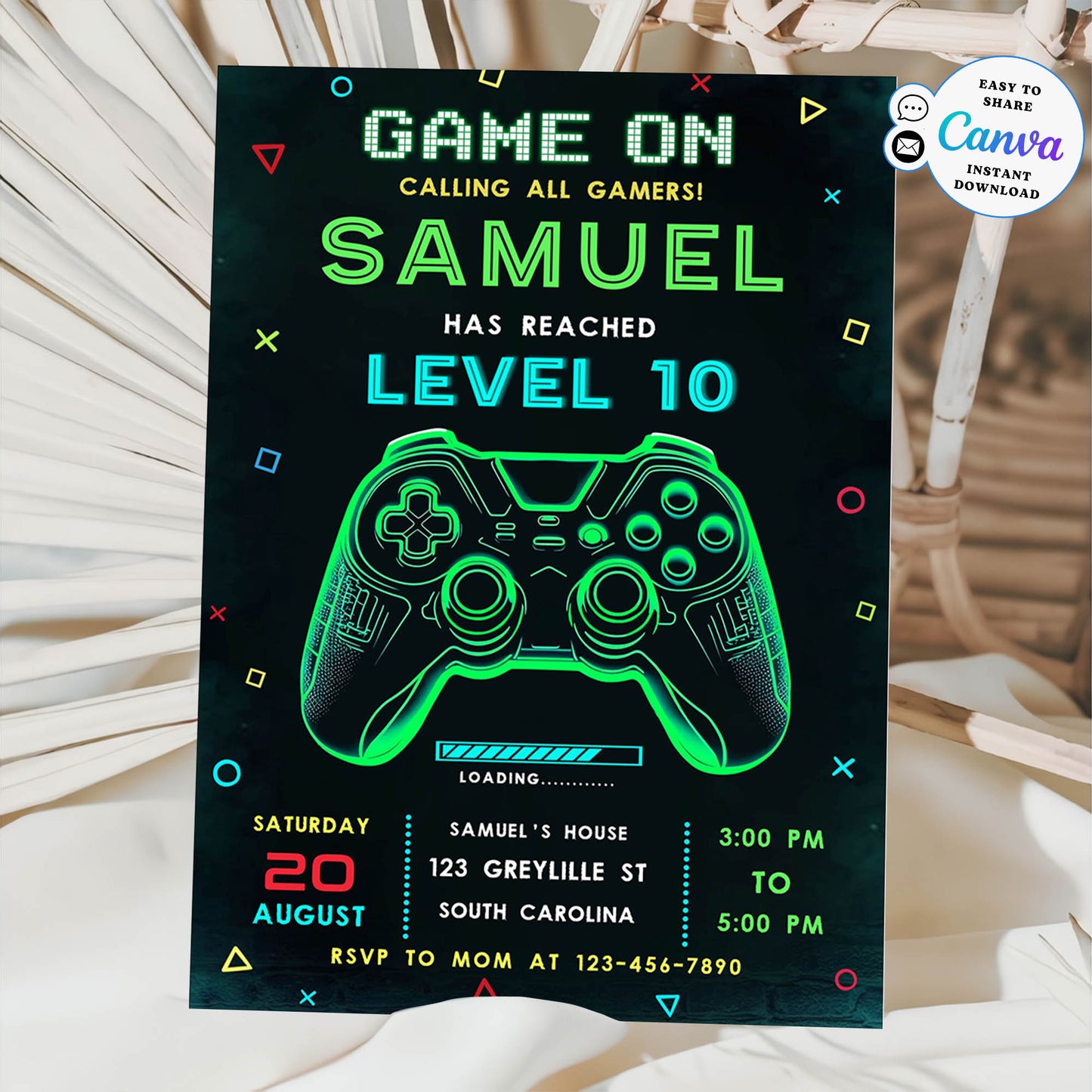 Neon Game On Level Up Gaming Birthday Party Invites