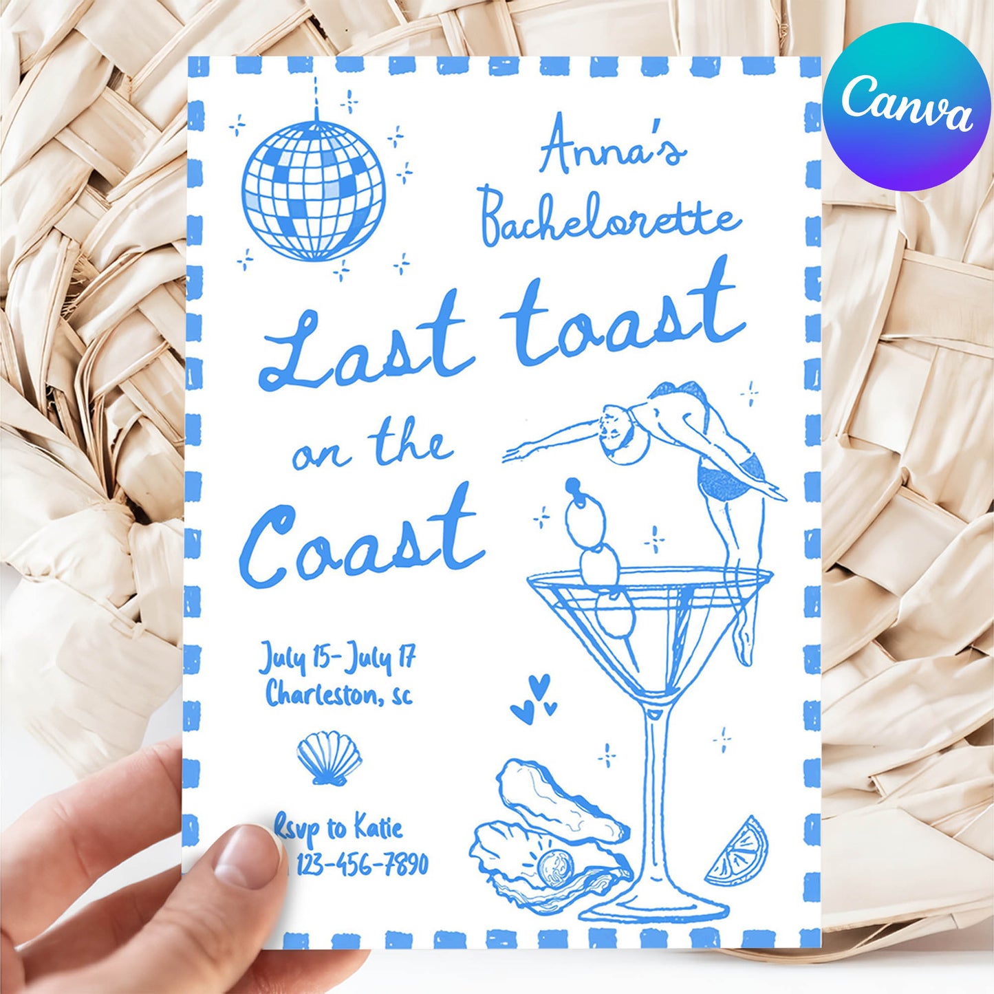 Blue Last Toast On The Coast Bachelorette Party Invitation