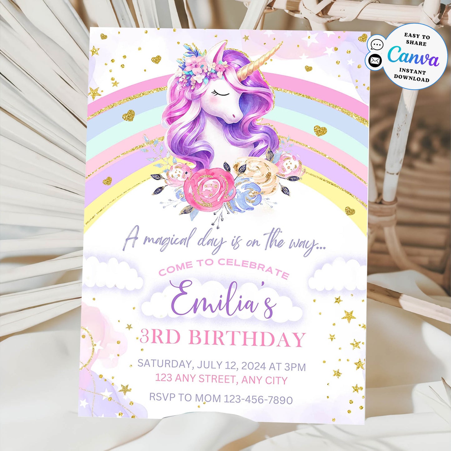 Happy 3rd Birthday Rainbow Glitter Invitation