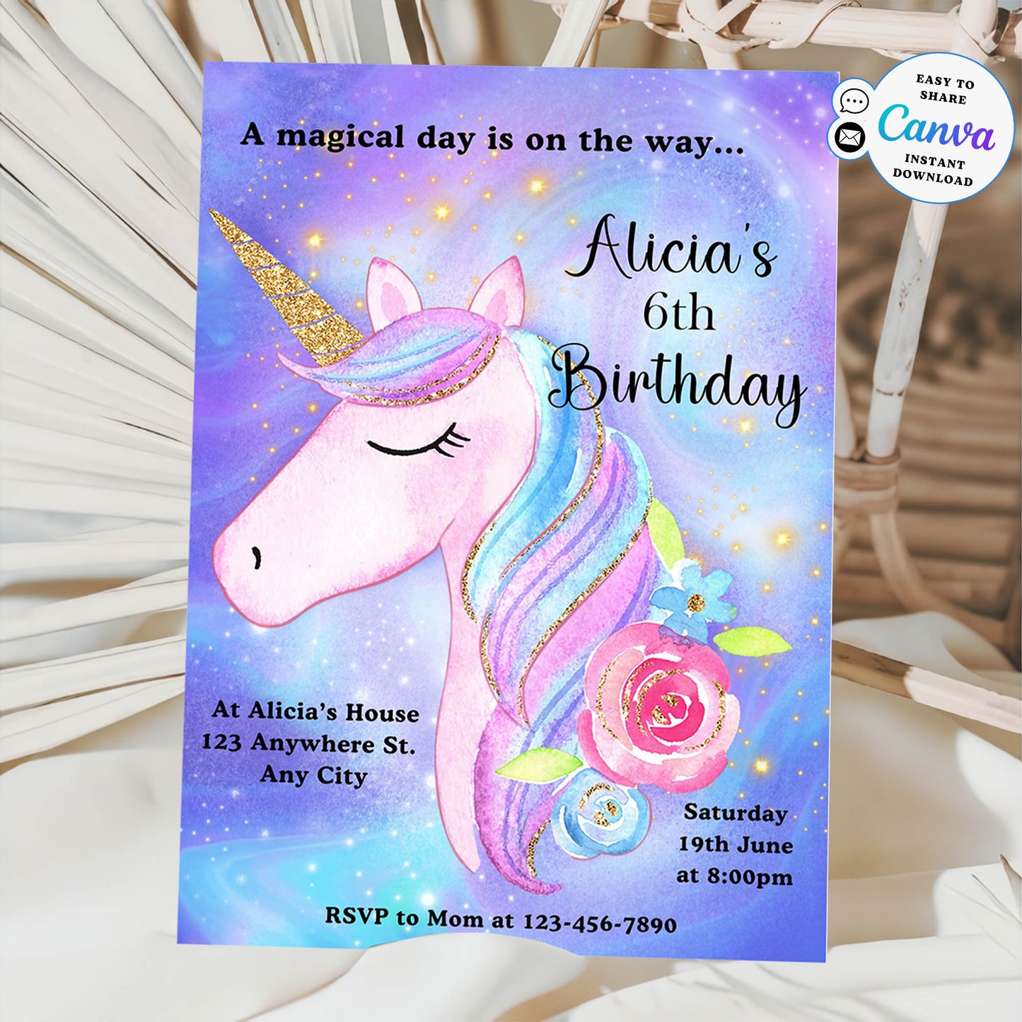 6th Birthday Party Invitation Unicorn Template