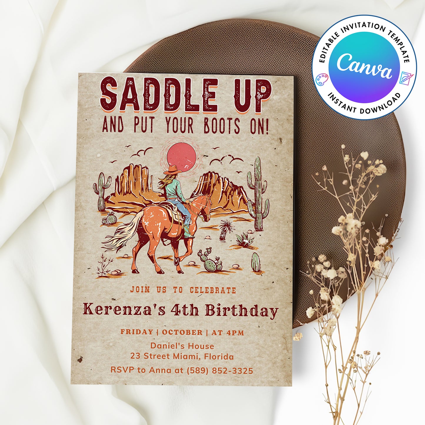 Western Saddle Up Cow Girl Birthday Invitation