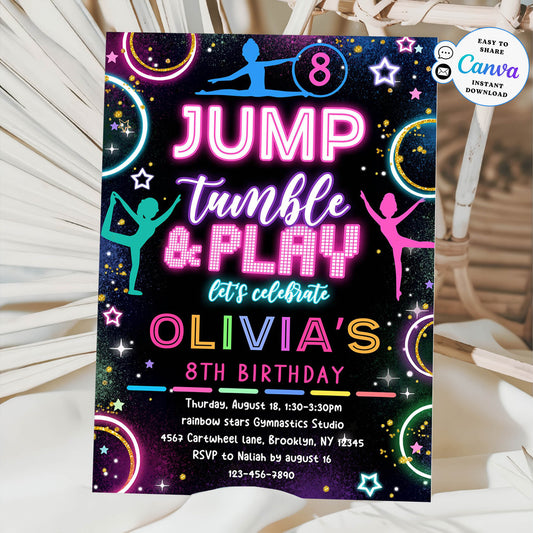 Jump, Tumble and Play 8th Birthday Party Invitation