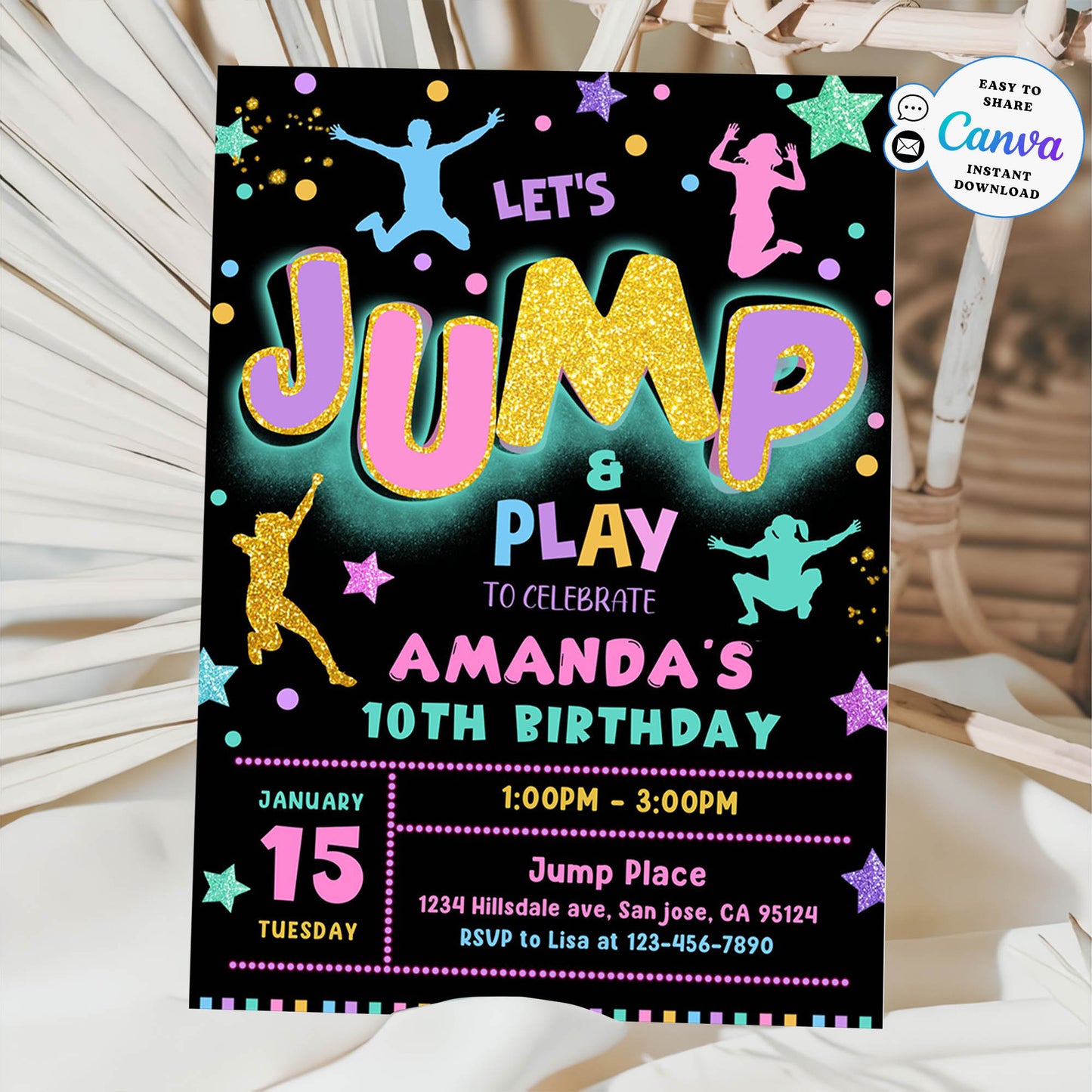 Let's Jump and Play 10th Birthday Invitation