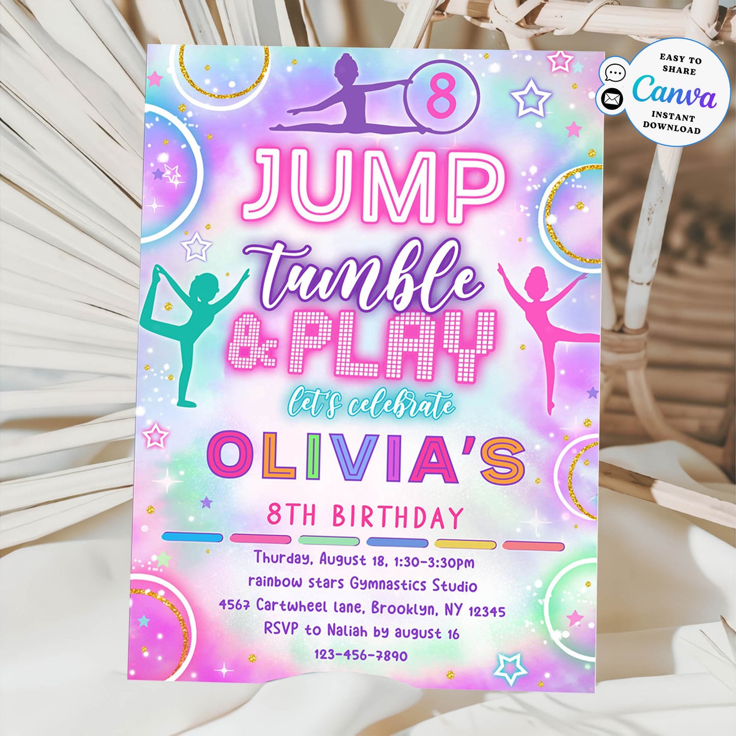 Editable Jump Tumble & Play gymnastics Birthday Invitation