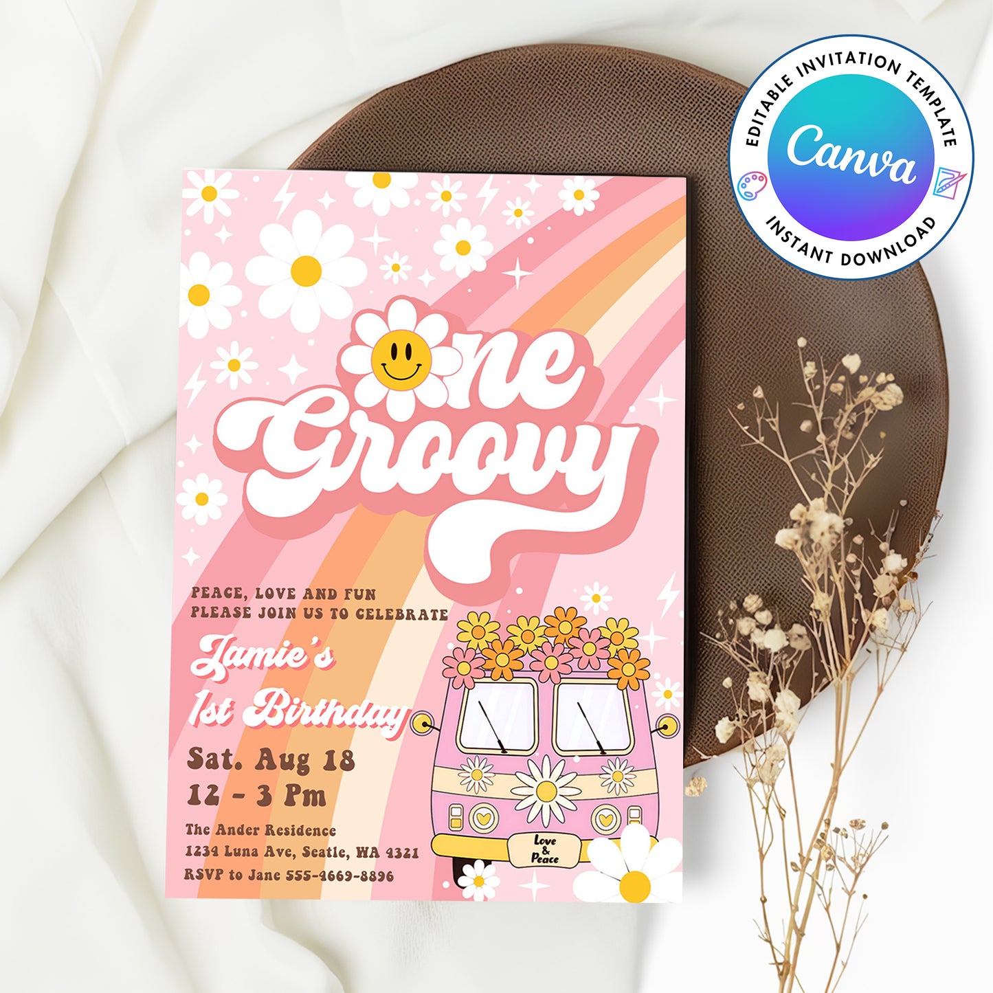 One Groovy Girl Peace Love Party Rainbow Birthday Invitation