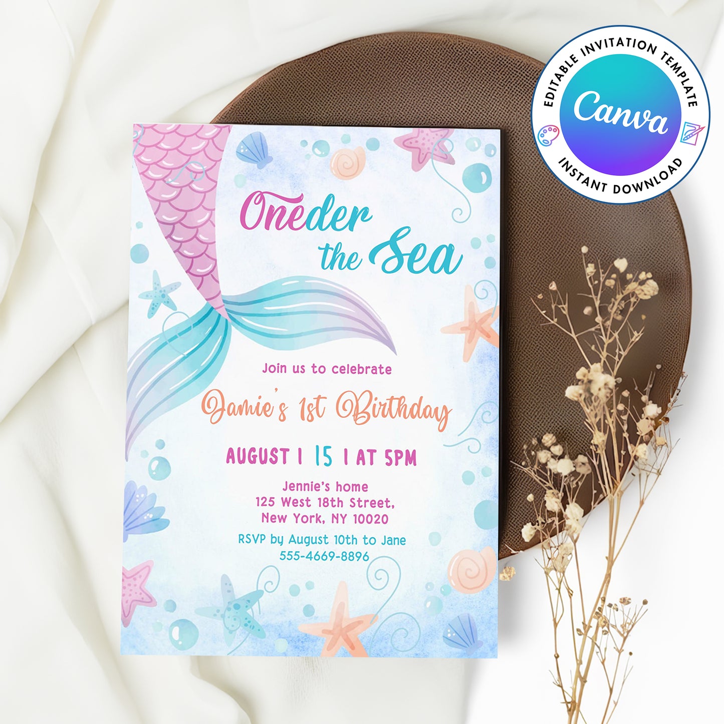 Mermaid Pink Purple Oneder The Sea Birthday Invitation