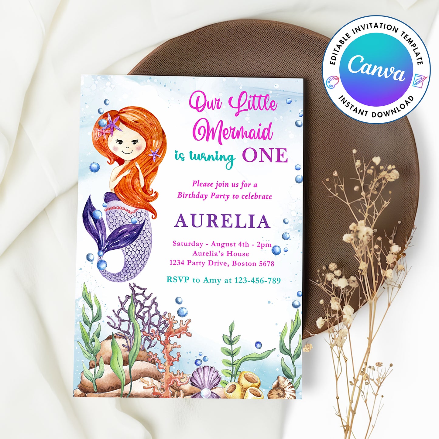 Mermaid Girl Birthday Party Invitation