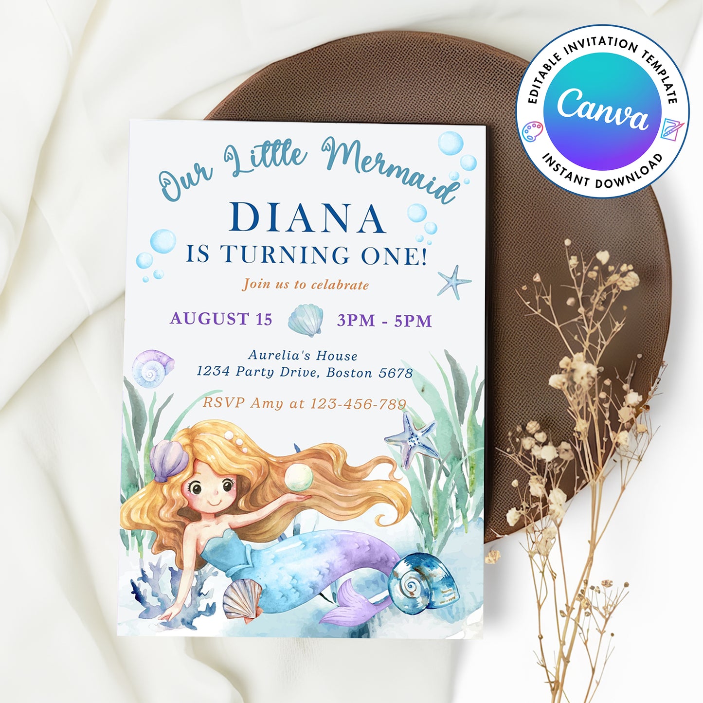 Oneder the Sea Mermaid Watercolor 1st Birthday Invitation