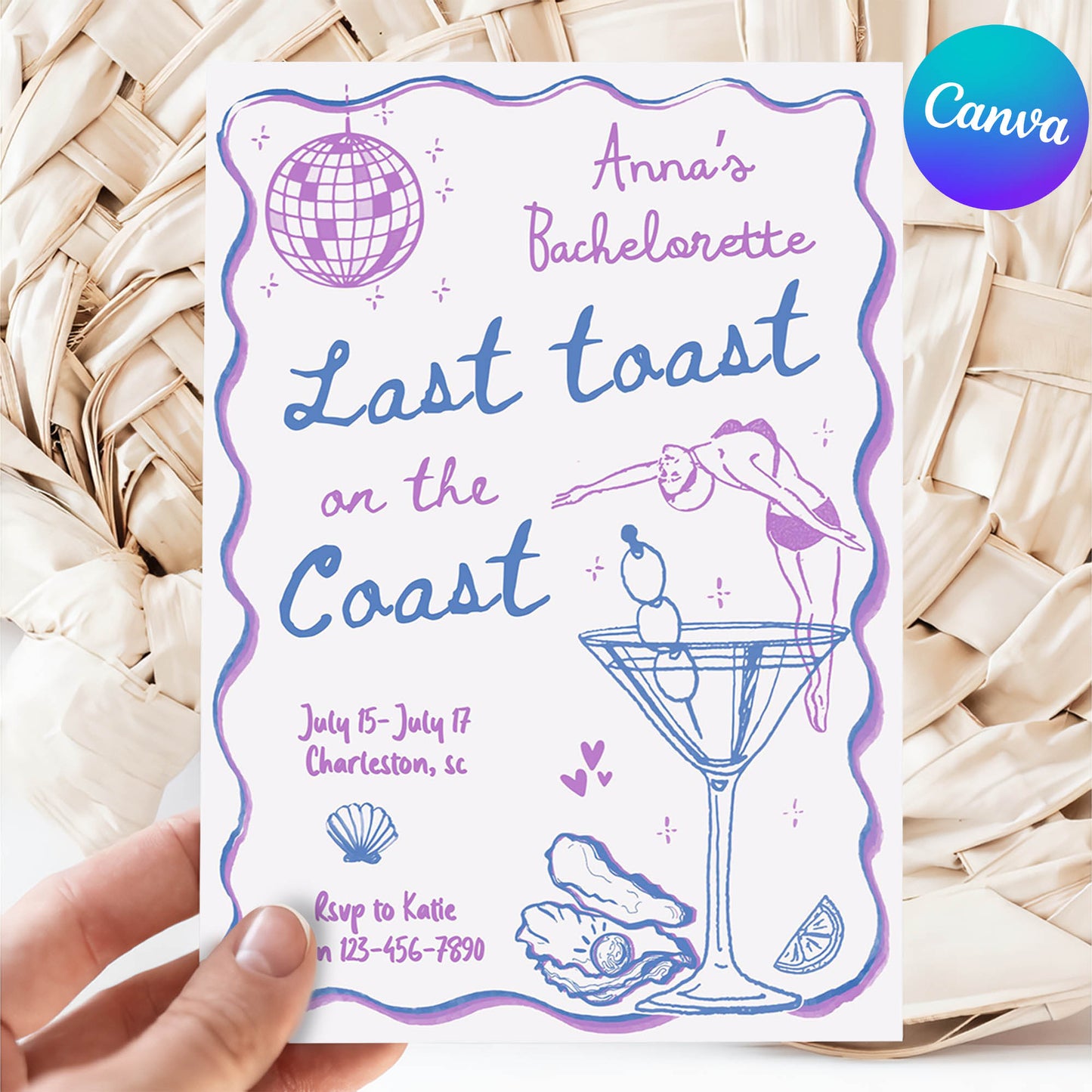 Purple Coastal Bachelorette Invitation and Itinerary Template