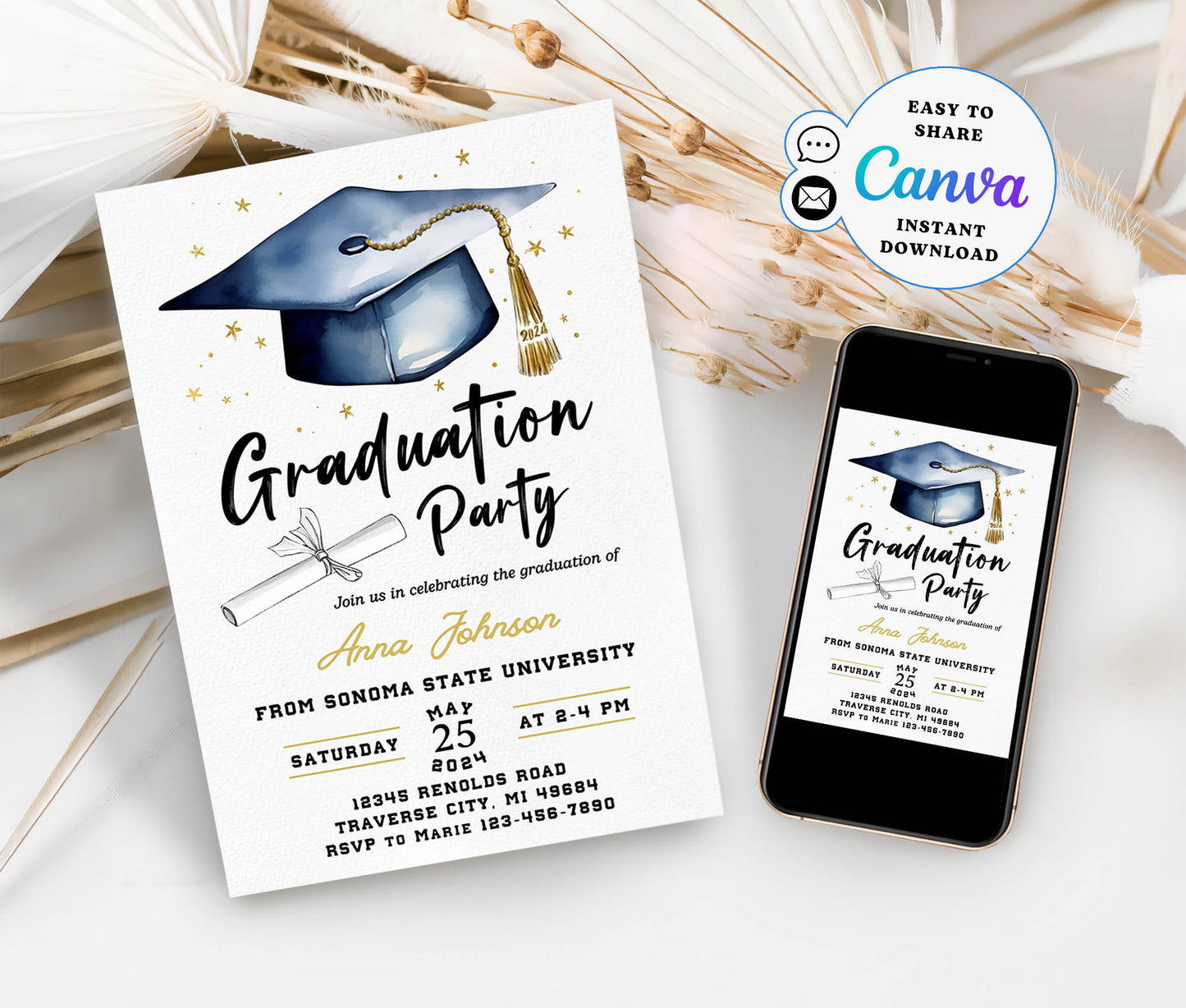 Graduation invitation template printable Editable