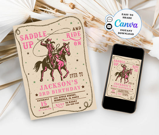 Saddle up and Ride on Cowgirl Birthday Invitation Template