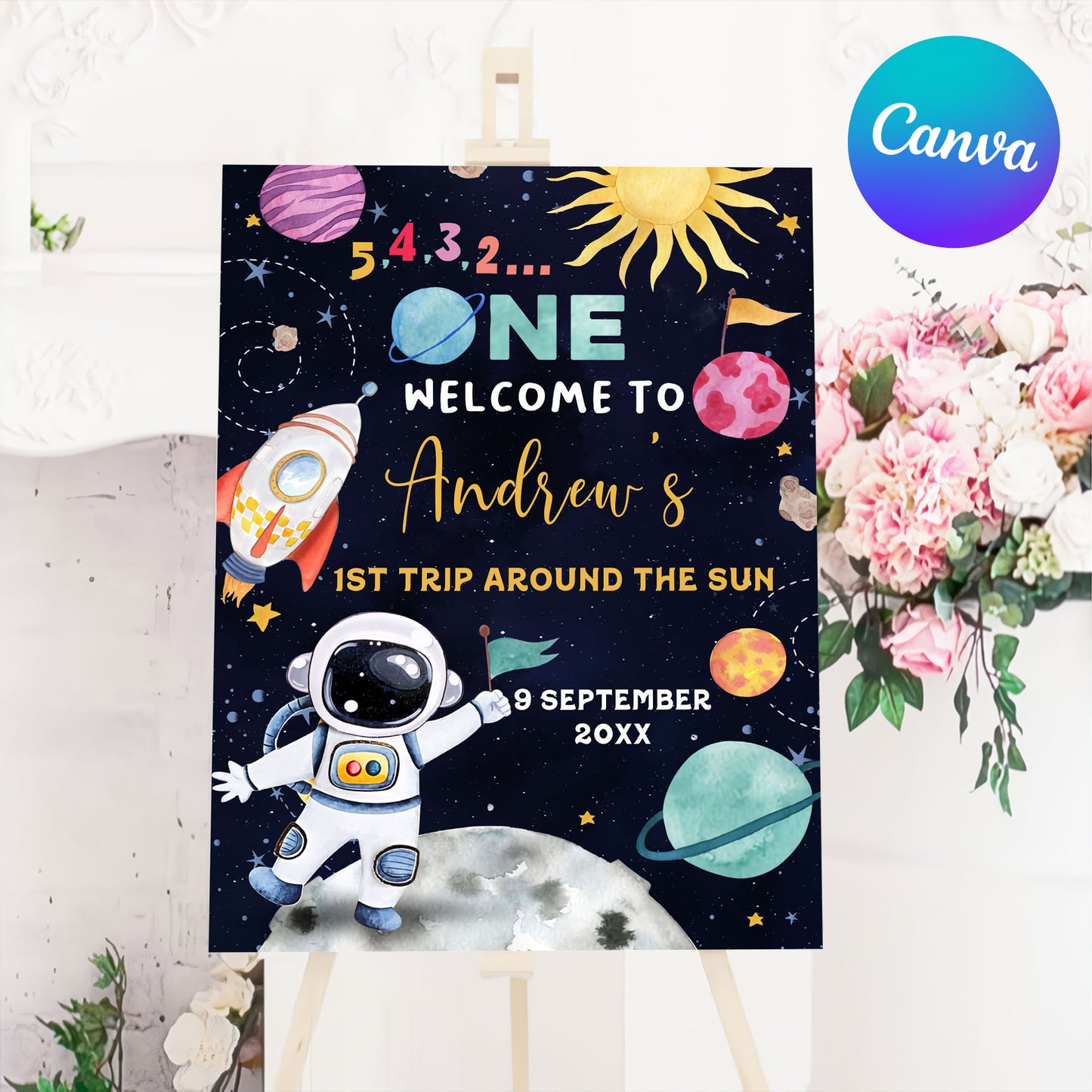 Space birthday welcome sign