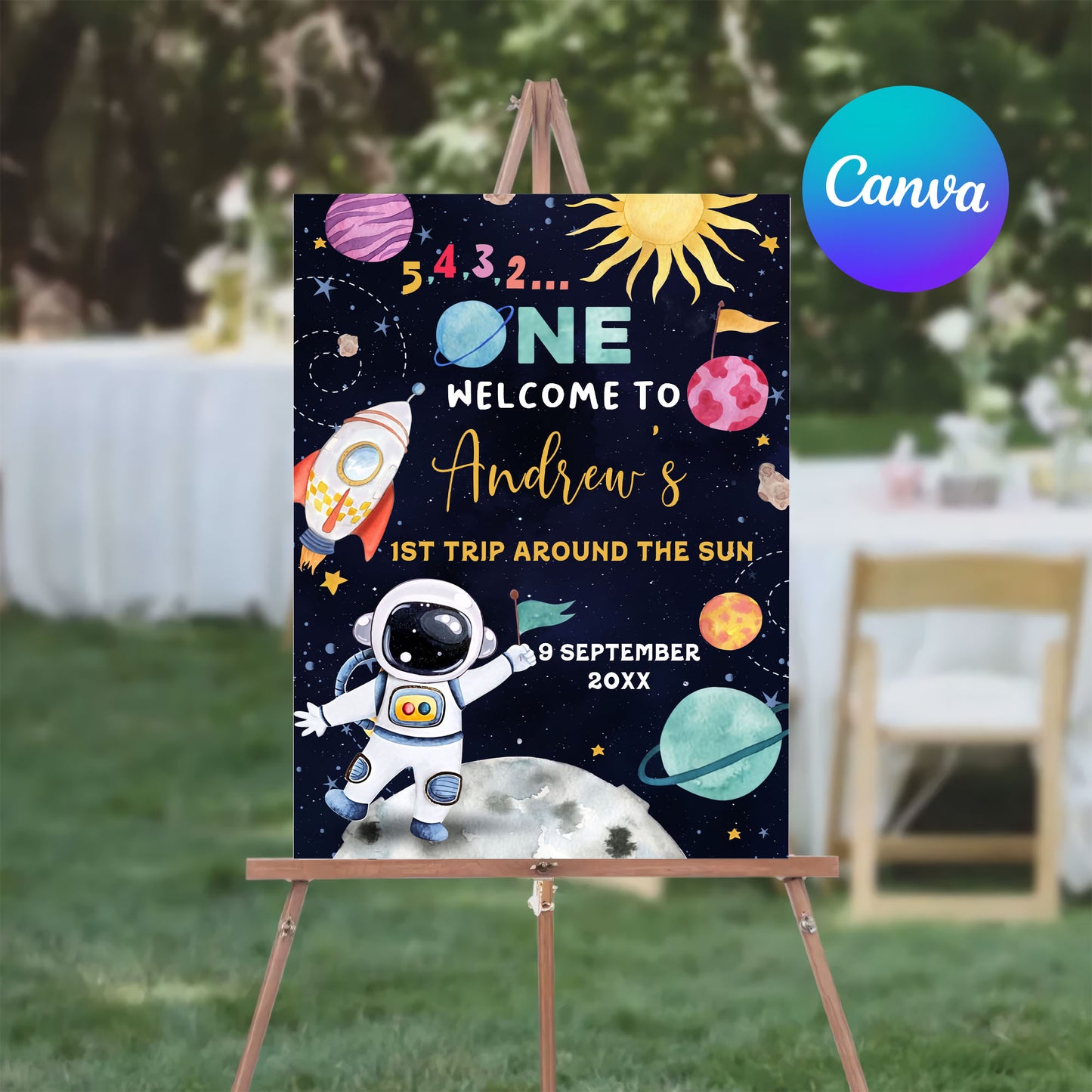 Space birthday welcome sign