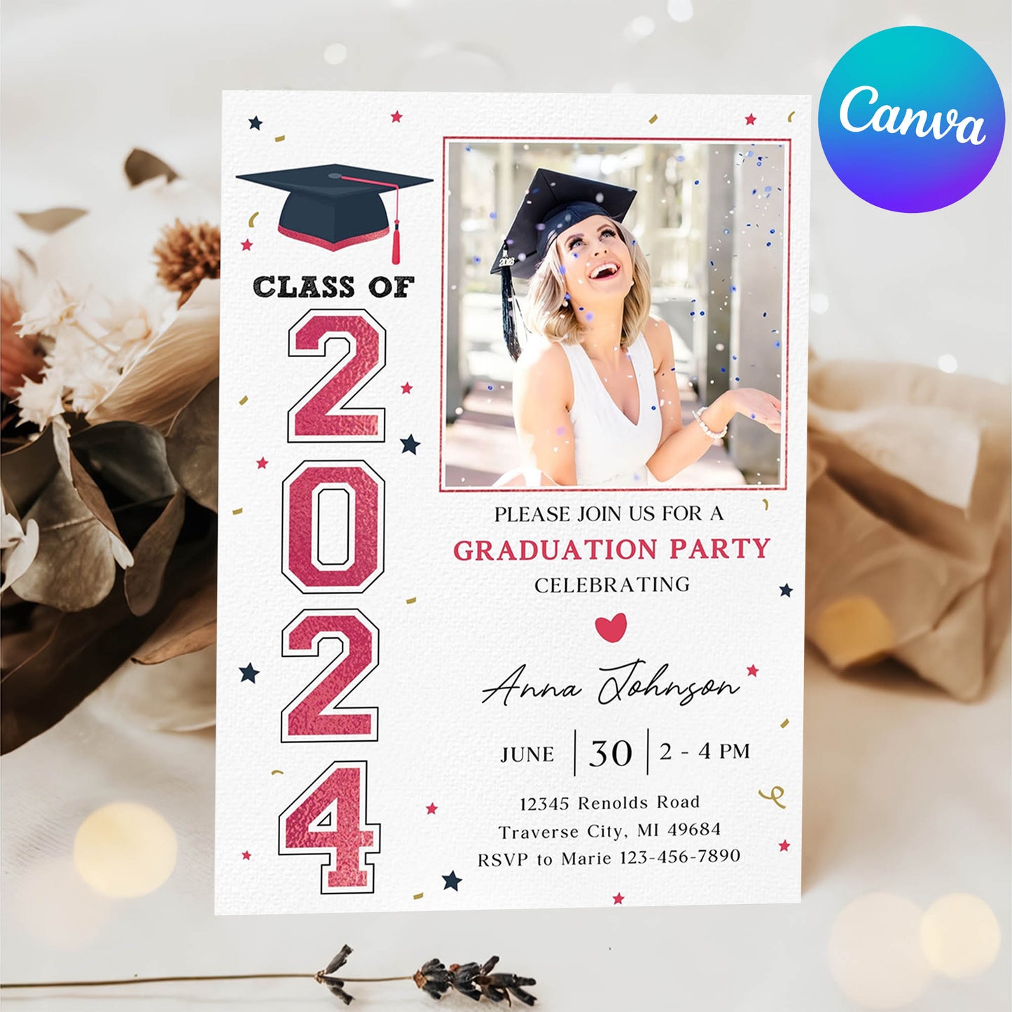 Editable Graduation Party Invitation with Photo, Printable or Digital Invitation