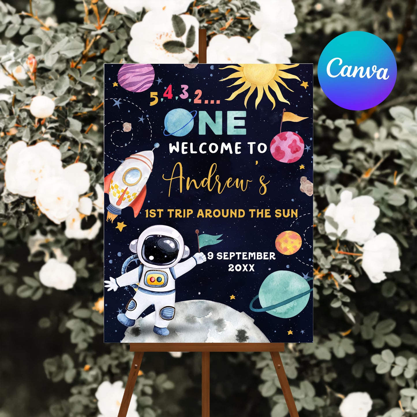 Space birthday welcome sign