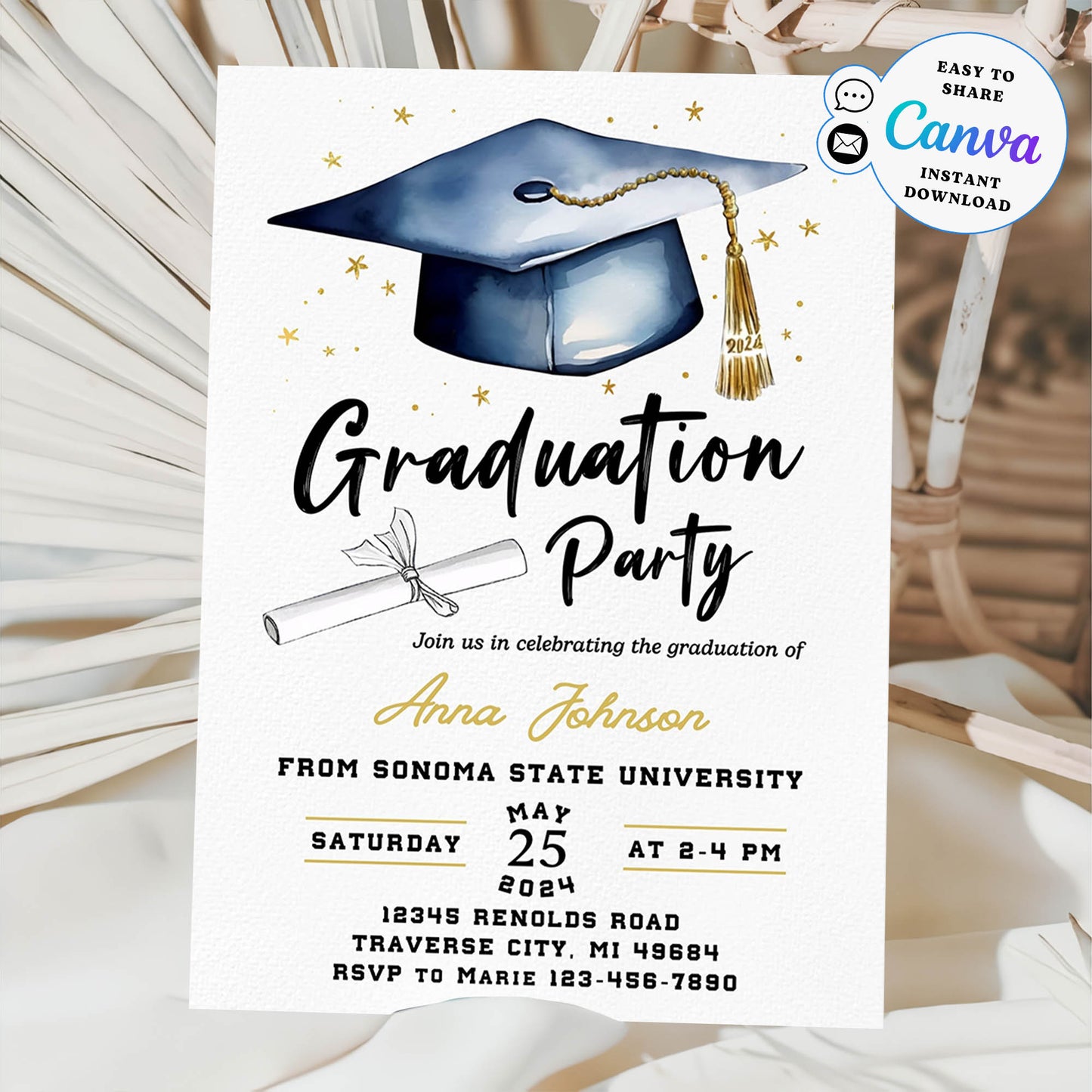 Graduation invitation template printable Editable