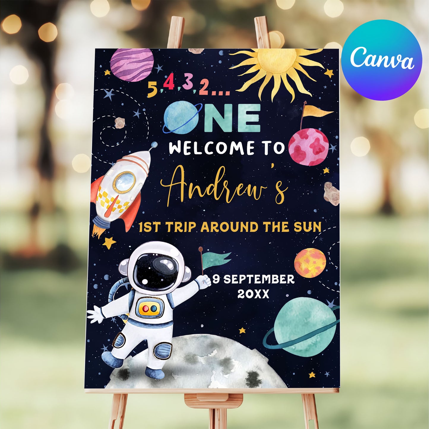 Space birthday welcome sign