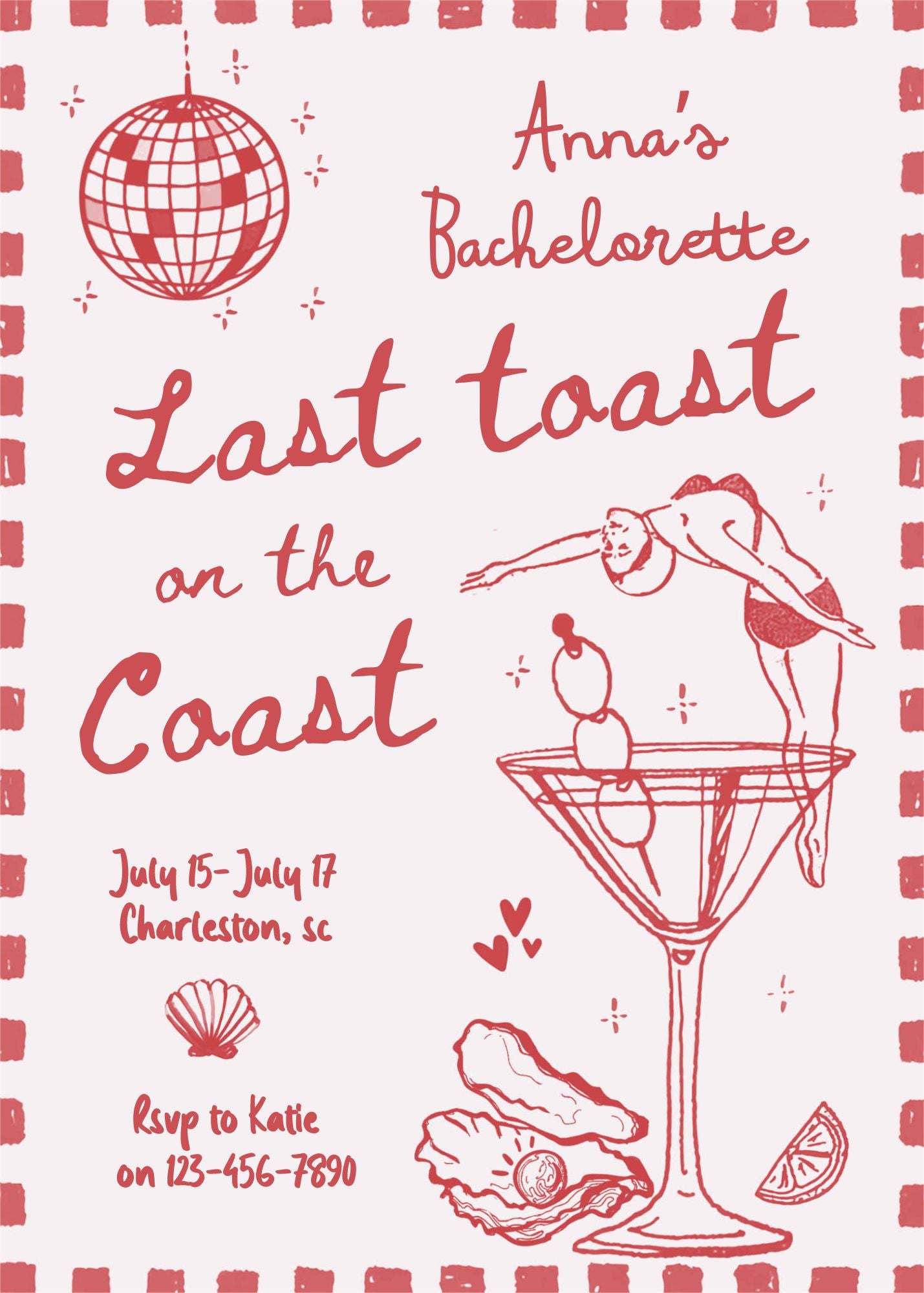 Sunset Vibes on the Shore: Last Toast on the Coast Bachelorette Invite