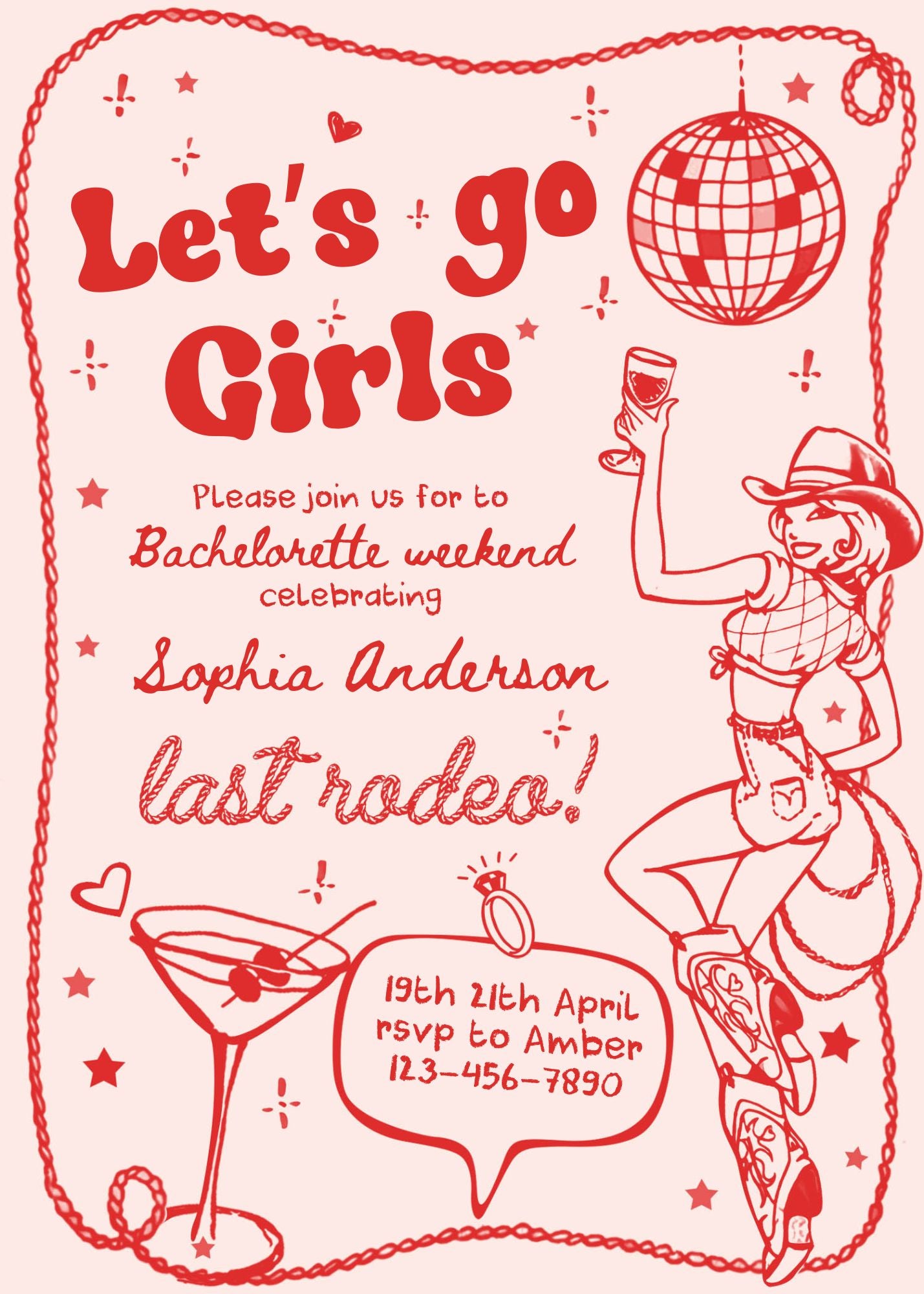 Hand drawn Style Cowgirl Bachelorette Party Invitation