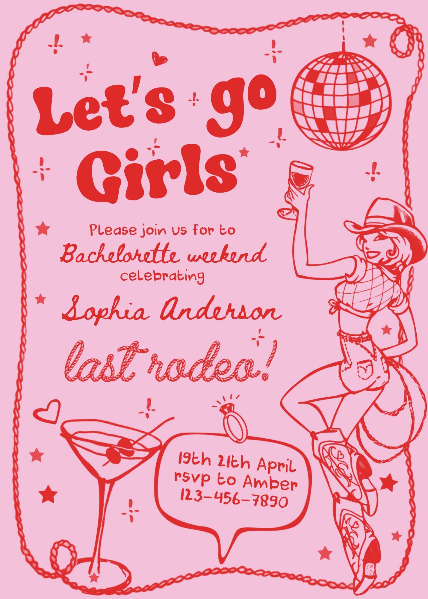 Pink Let's Go Girls Bachelorette Party Invitation Template