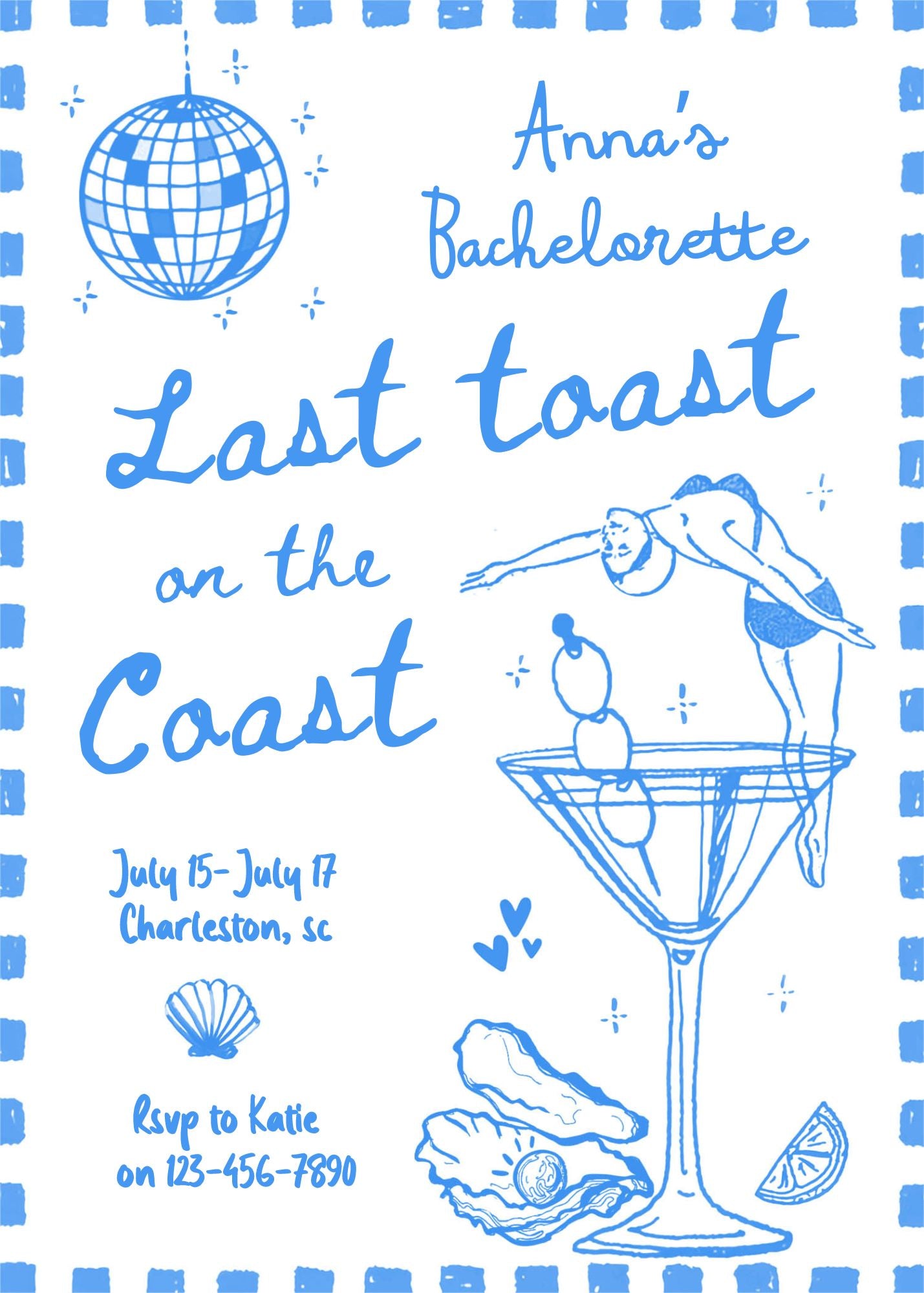 Blue Last Toast On The Coast Bachelorette Party Invitation