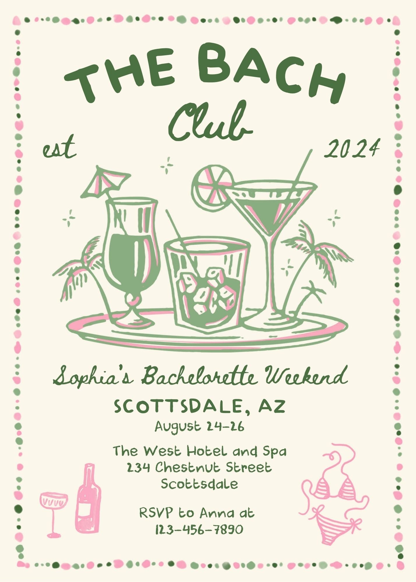 Social Club Bachelorette Party Invitation and Itinerary Template