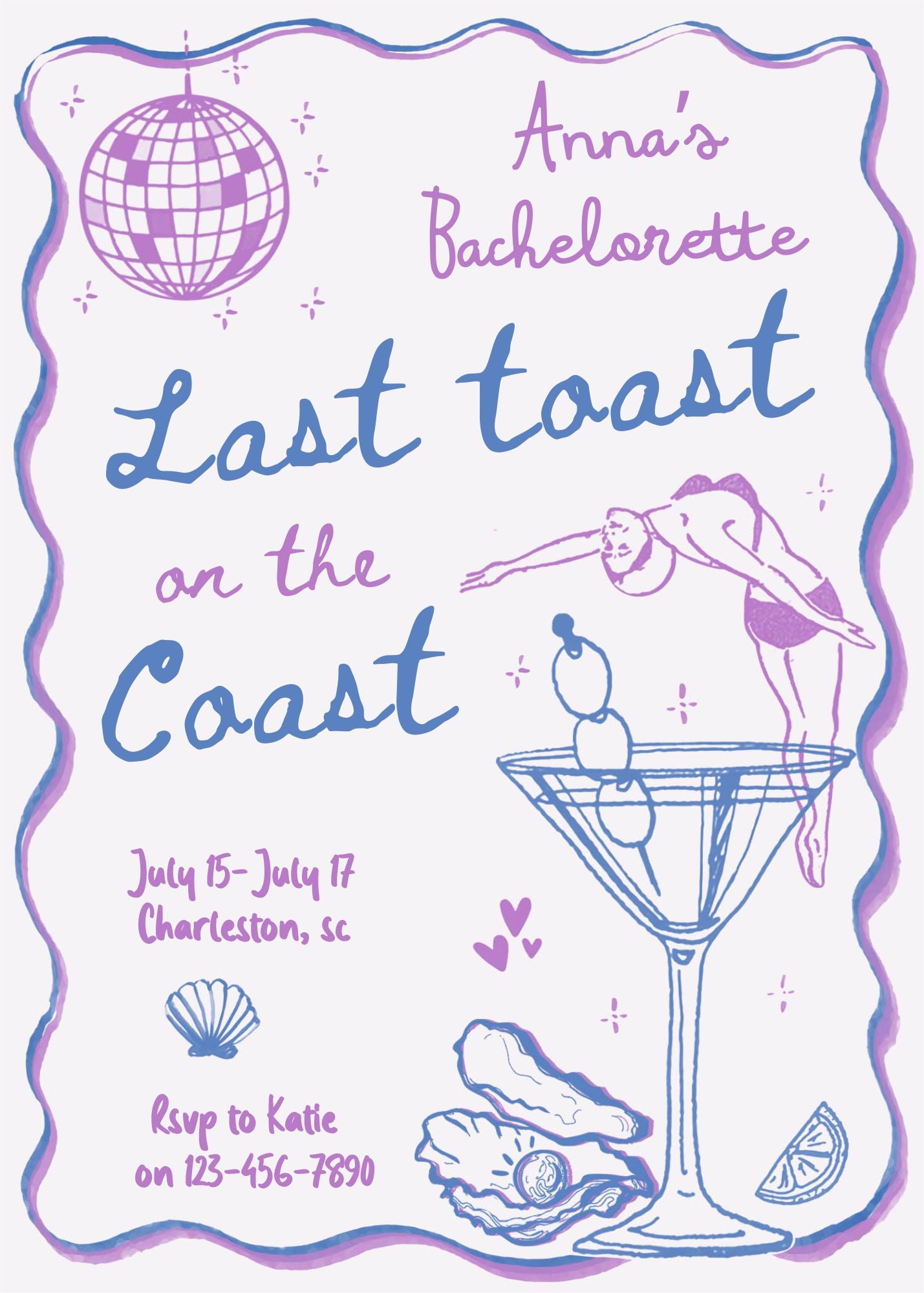 Purple Coastal Bachelorette Invitation and Itinerary Template