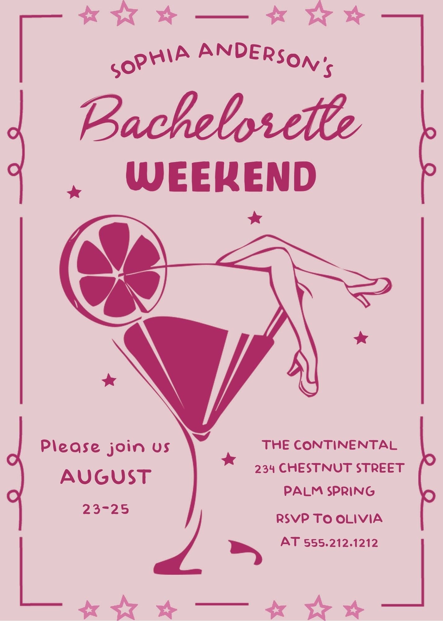 Hand drawn Pink Bachelorette Weekend Invitation