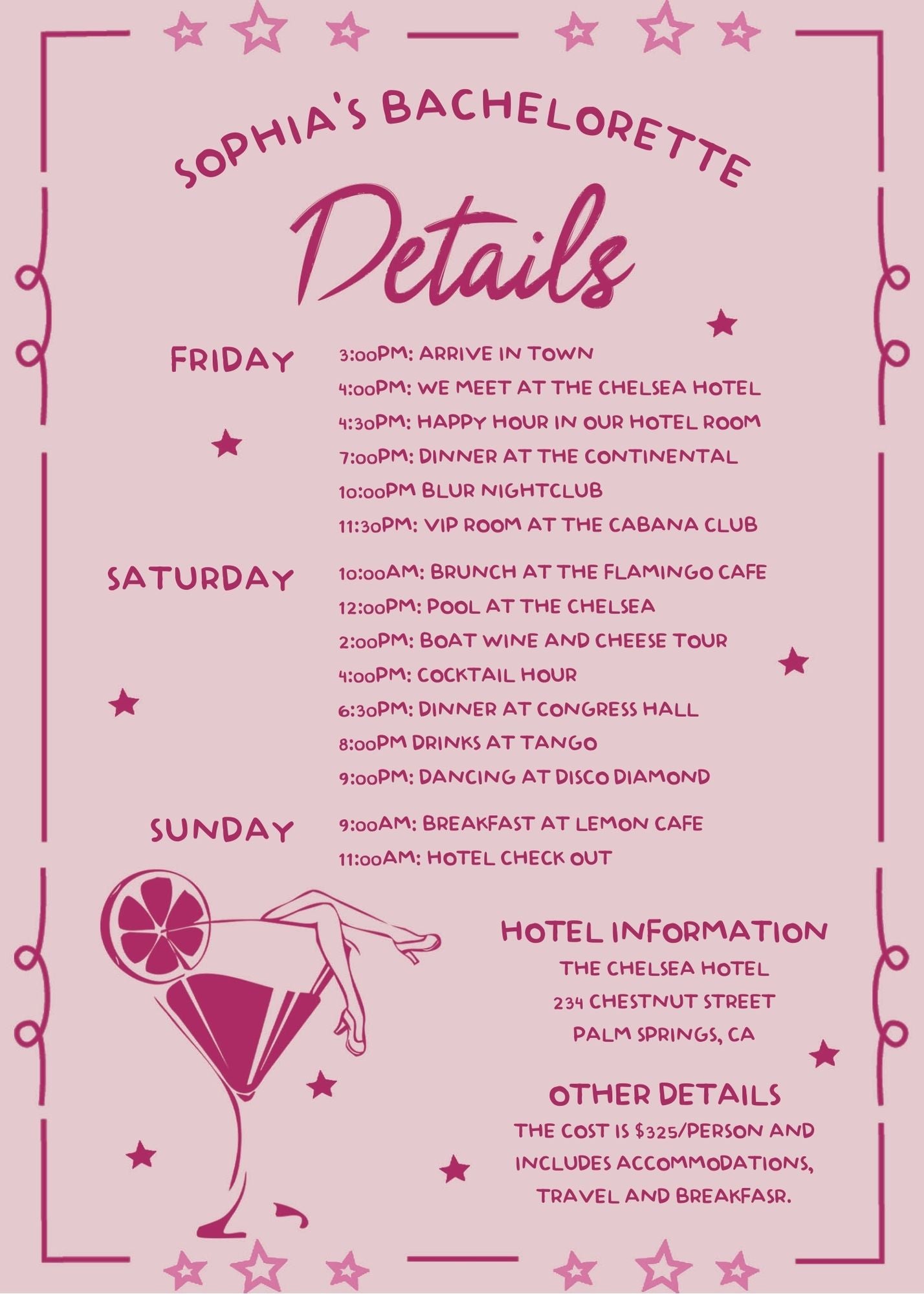 Hand drawn Pink Bachelorette Weekend Invitation