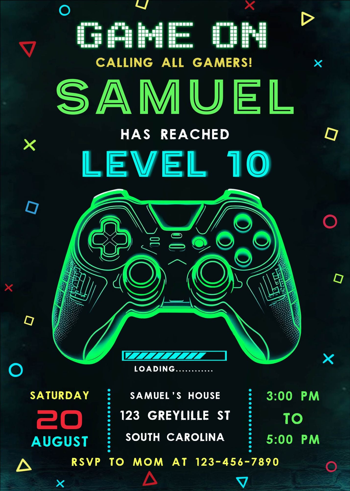 Neon Game On Level Up Gaming Birthday Party Invites