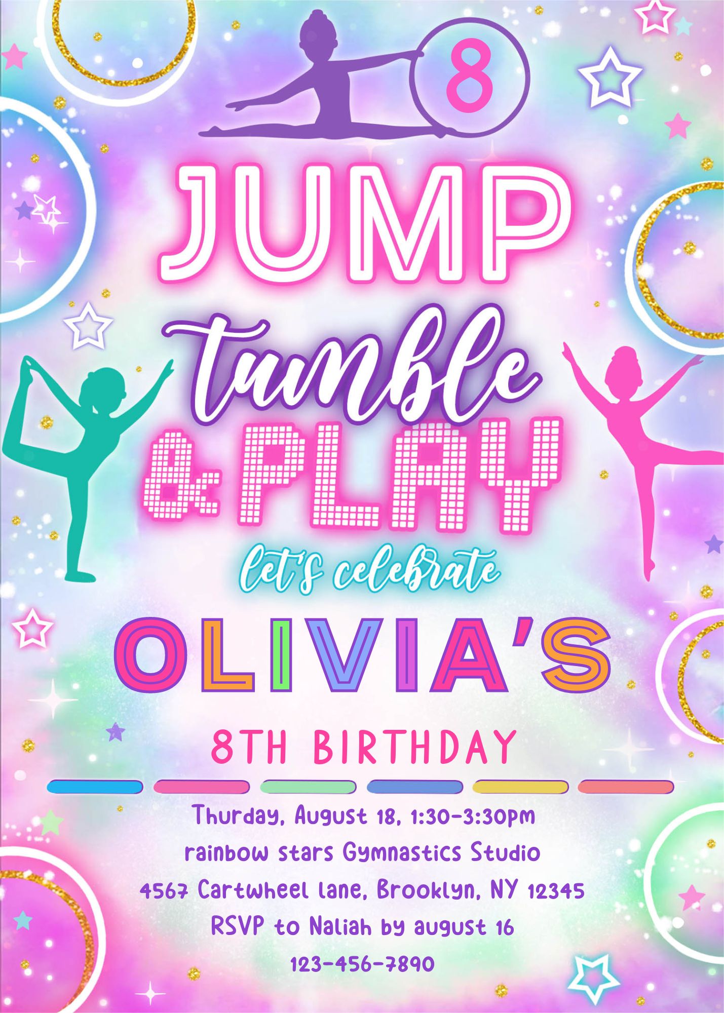 Editable Jump Tumble & Play gymnastics Birthday Invitation