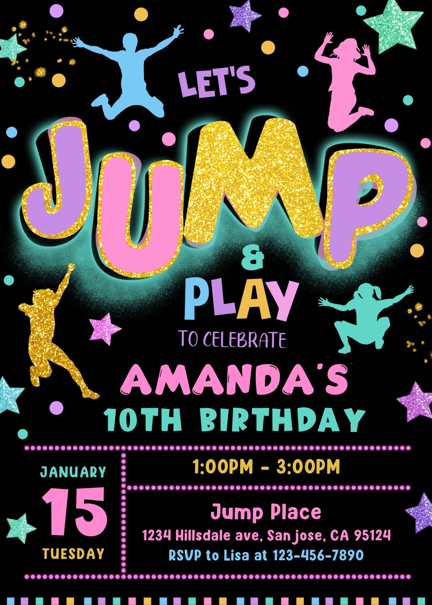 Let's Jump and Play 10th Birthday Invitation